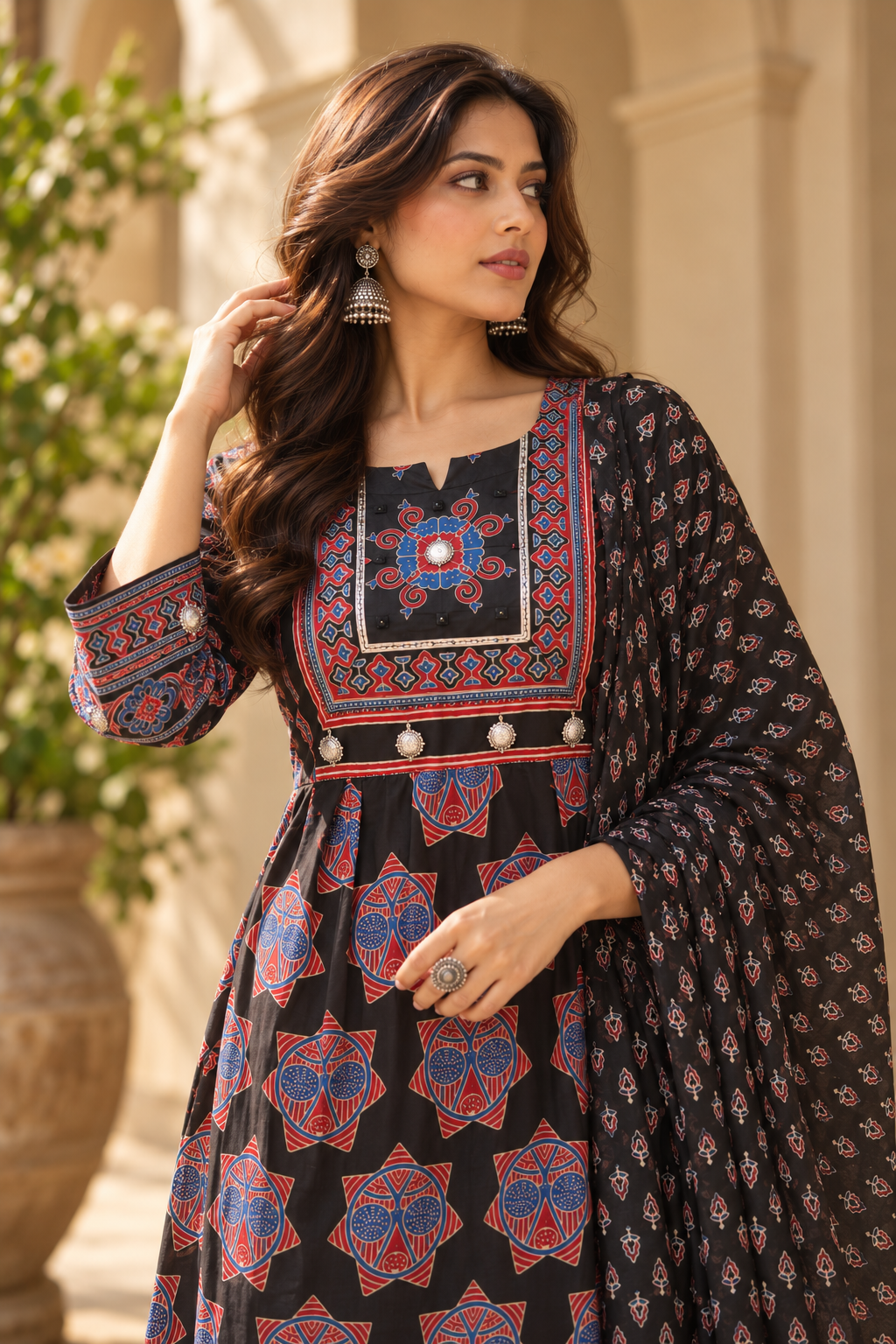 Black & Maroon Embroidered Anarkali Kurta With Pant & Dupatta