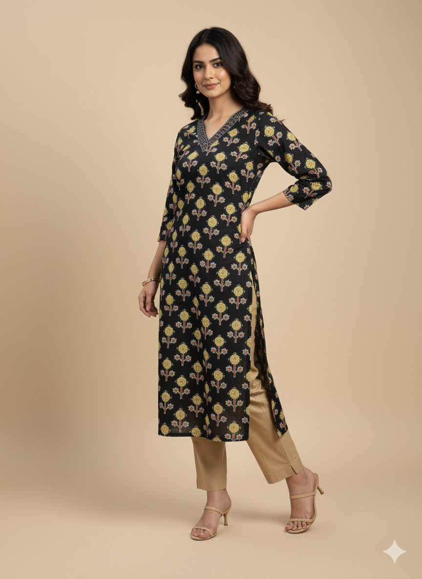 Black Floral Print Straight Kurta