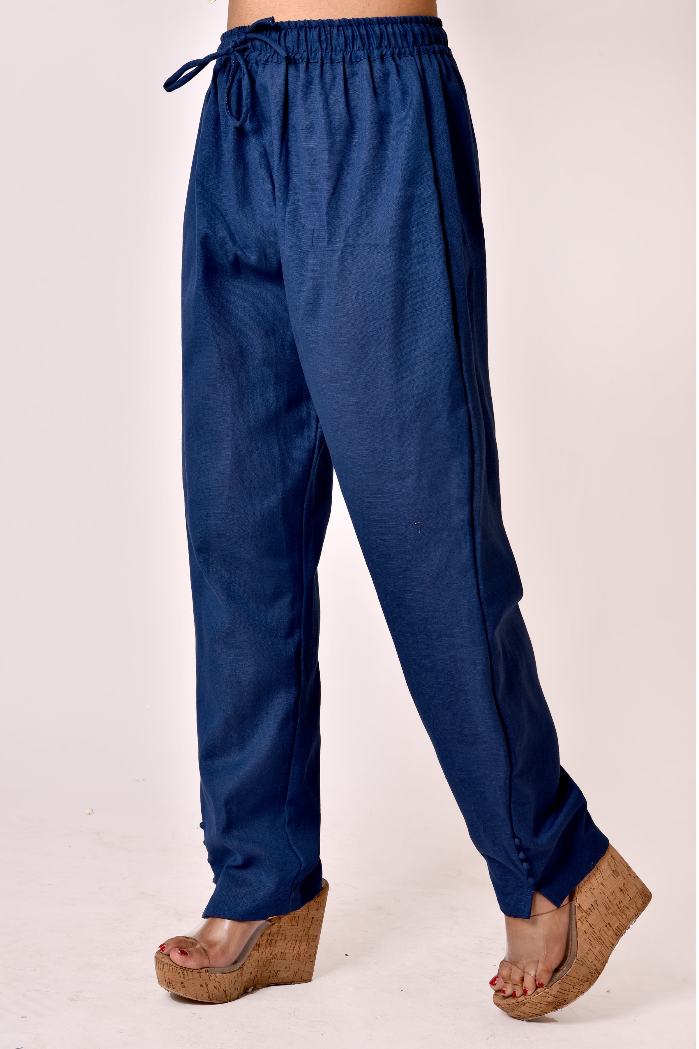 Navy Blue Linen Cotton Straight Pants