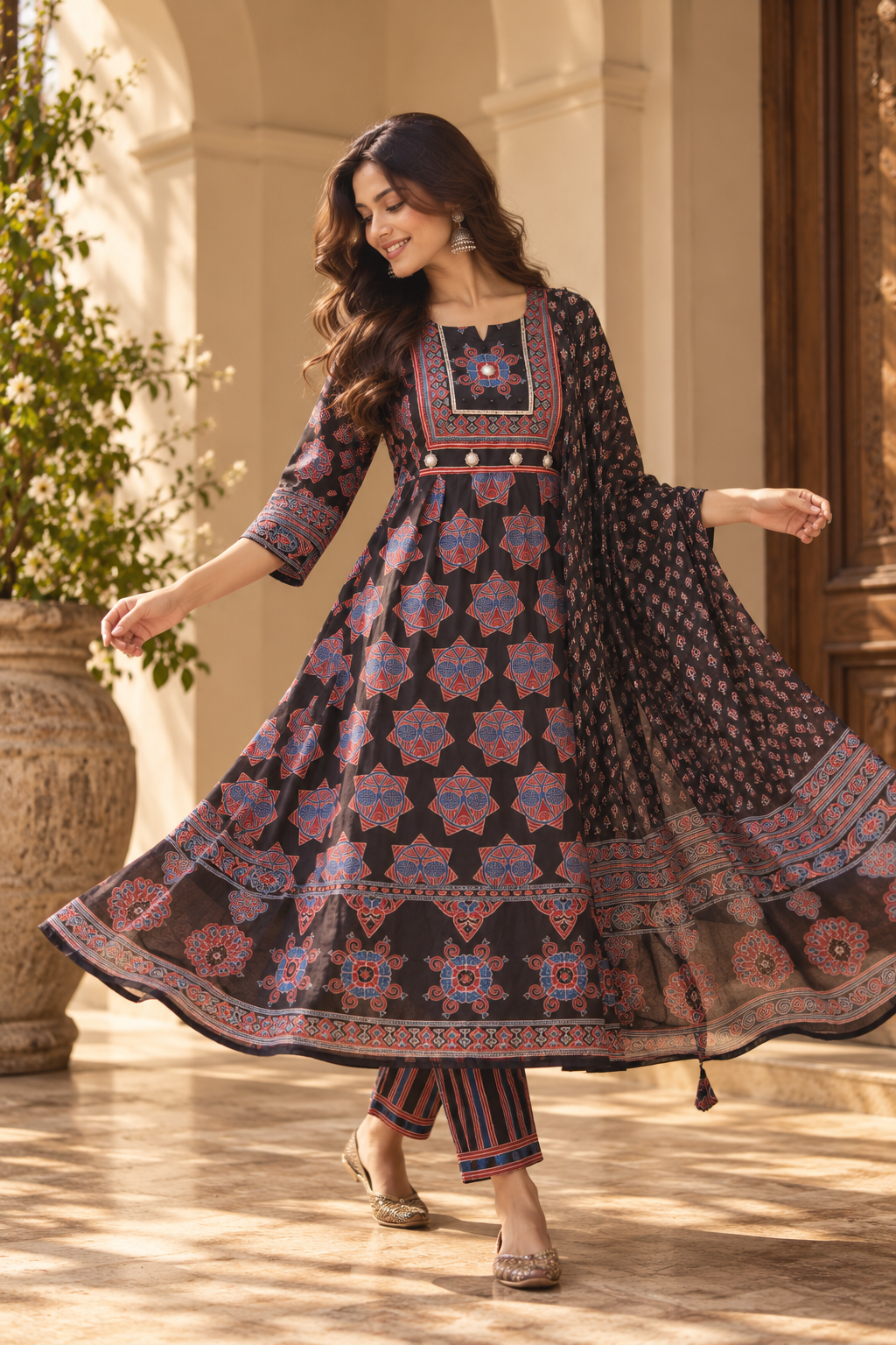 Black & Maroon Embroidered Anarkali Kurta With Pant & Dupatta