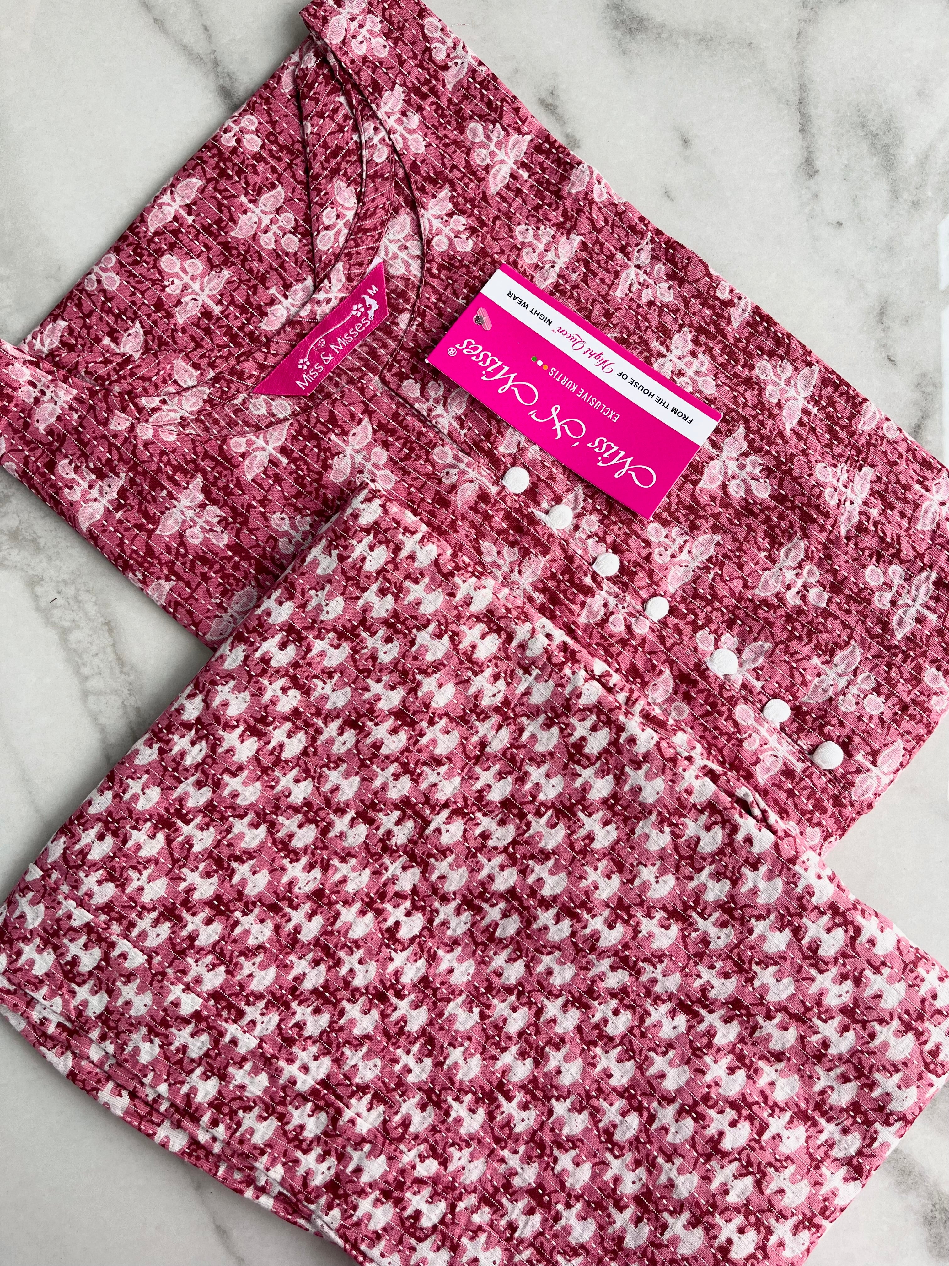 Brown Pink Leaf Print Threadwork Kurta With Pant