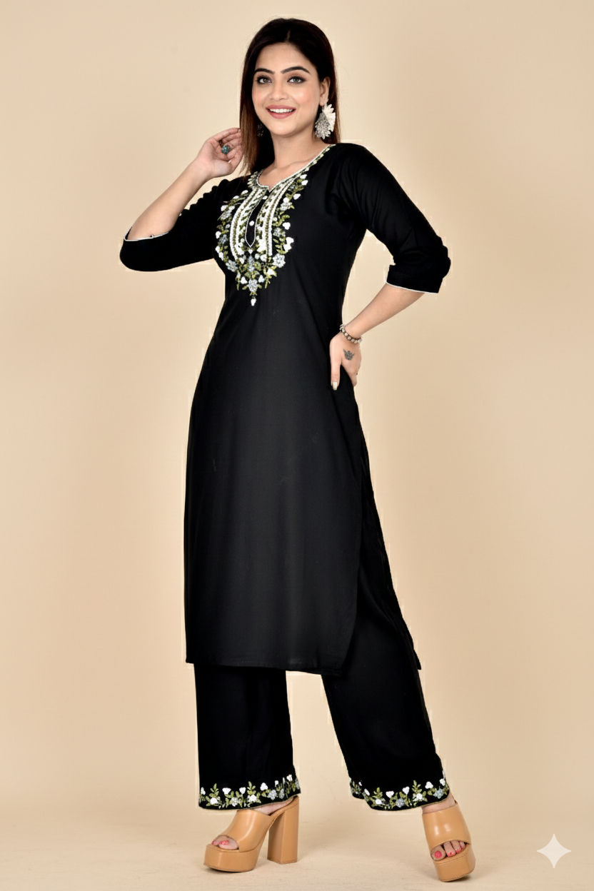 Jet Black Floral Embroidered Kurta With Palazzo