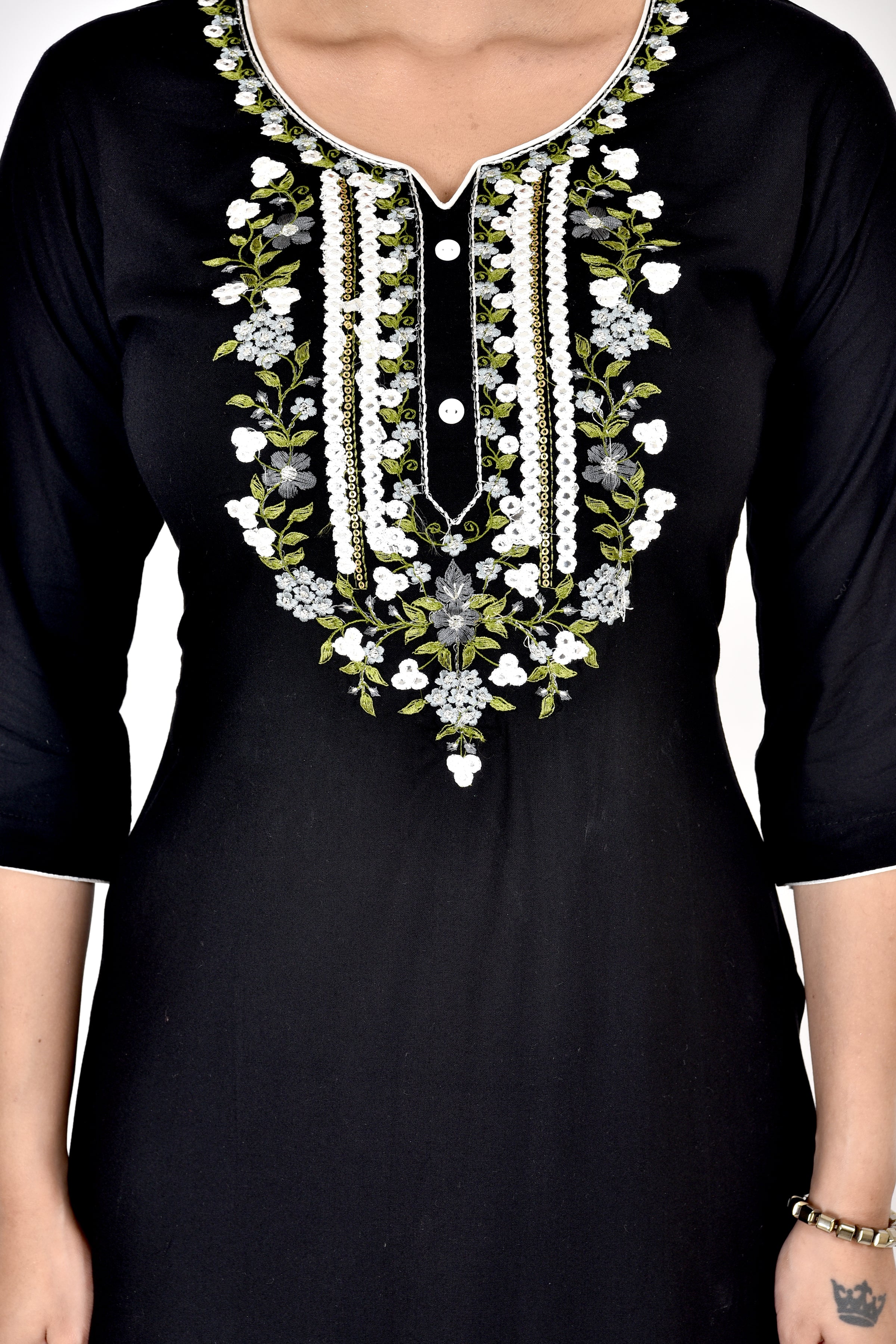 Jet Black Floral Embroidered Kurta With Palazzo