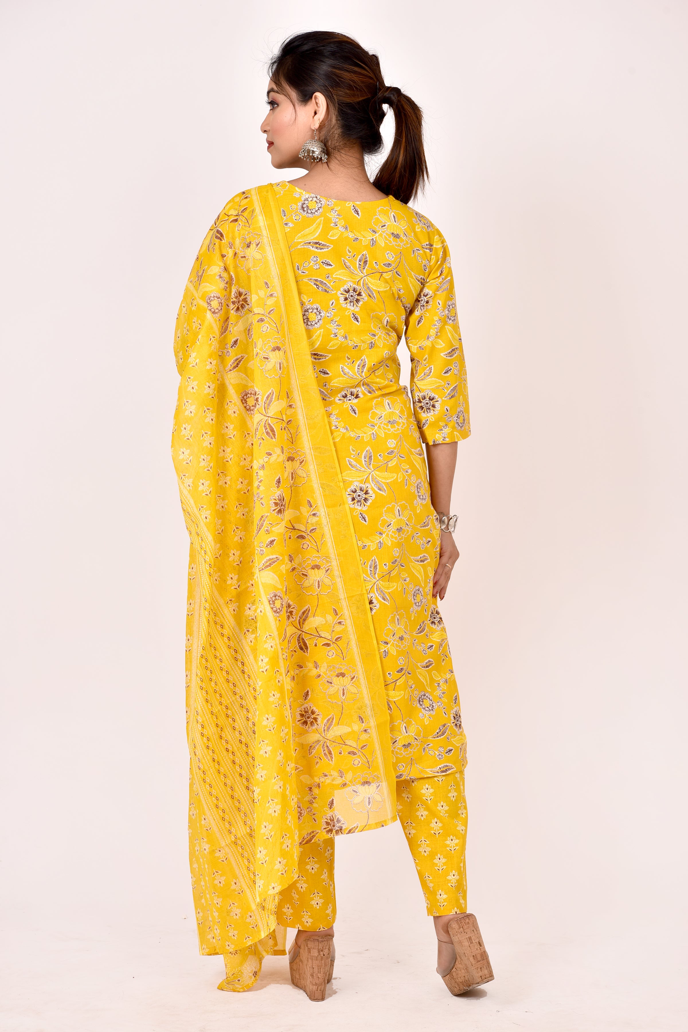 Yellow & Brown Floral Print Kurta With Pant & Dupatta