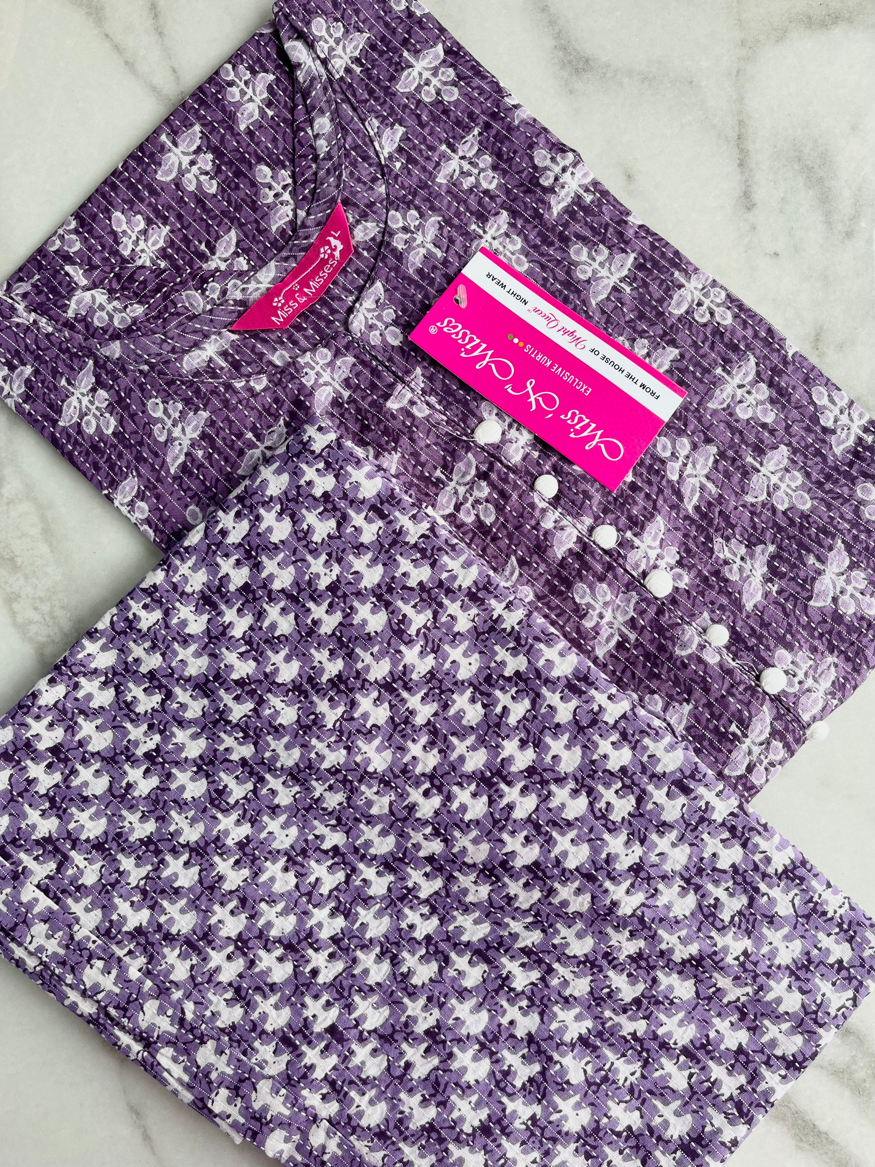 Purple Leaf Print Threadwork Kurta With Pant