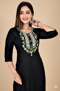 Jet Black Floral Embroidered Kurta With Palazzo
