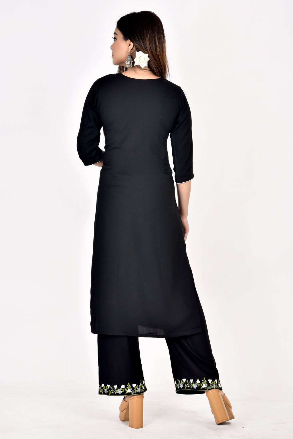 Jet Black Floral Embroidered Kurta With Palazzo