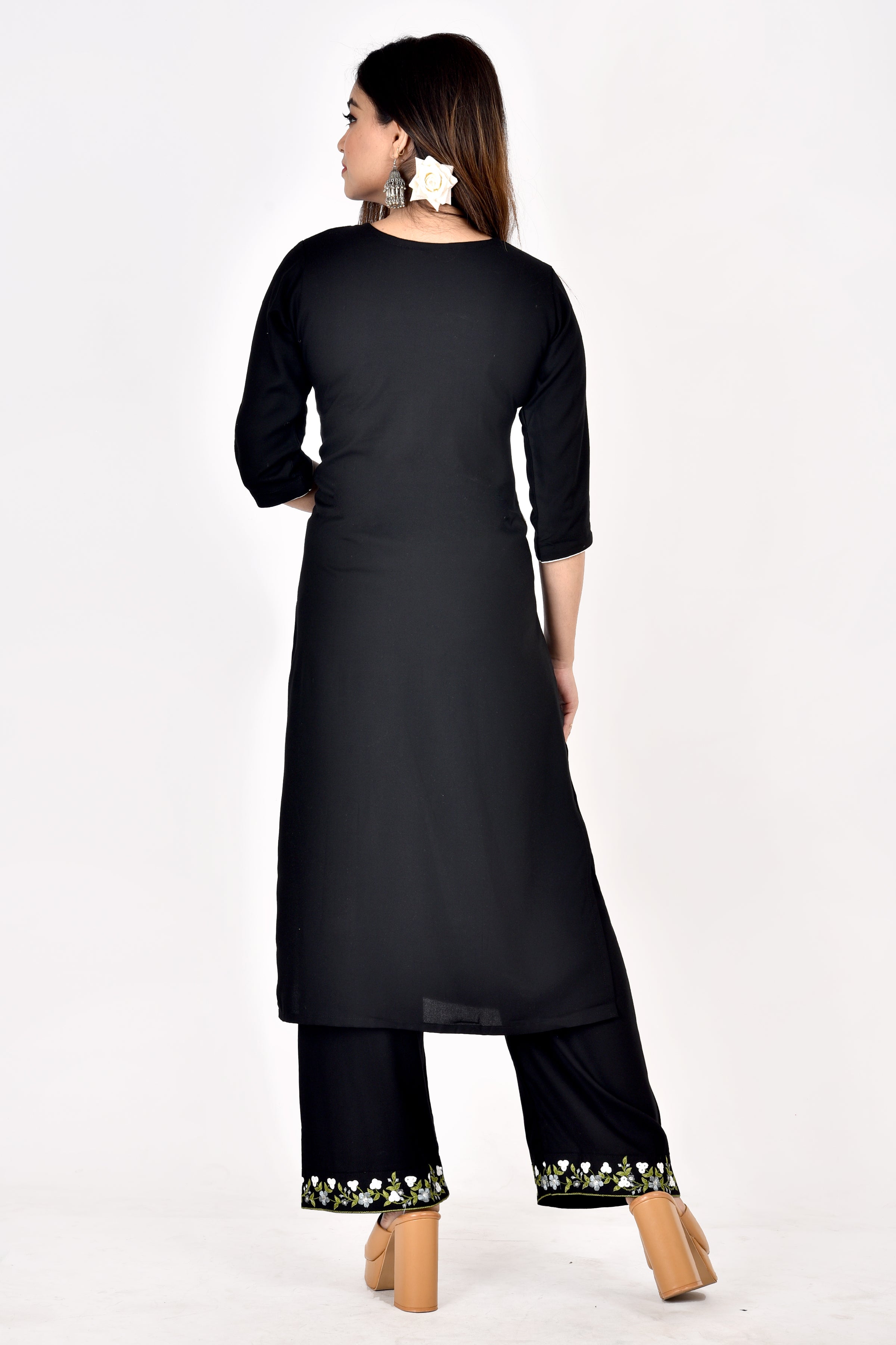 Jet Black Floral Embroidered Kurta With Palazzo