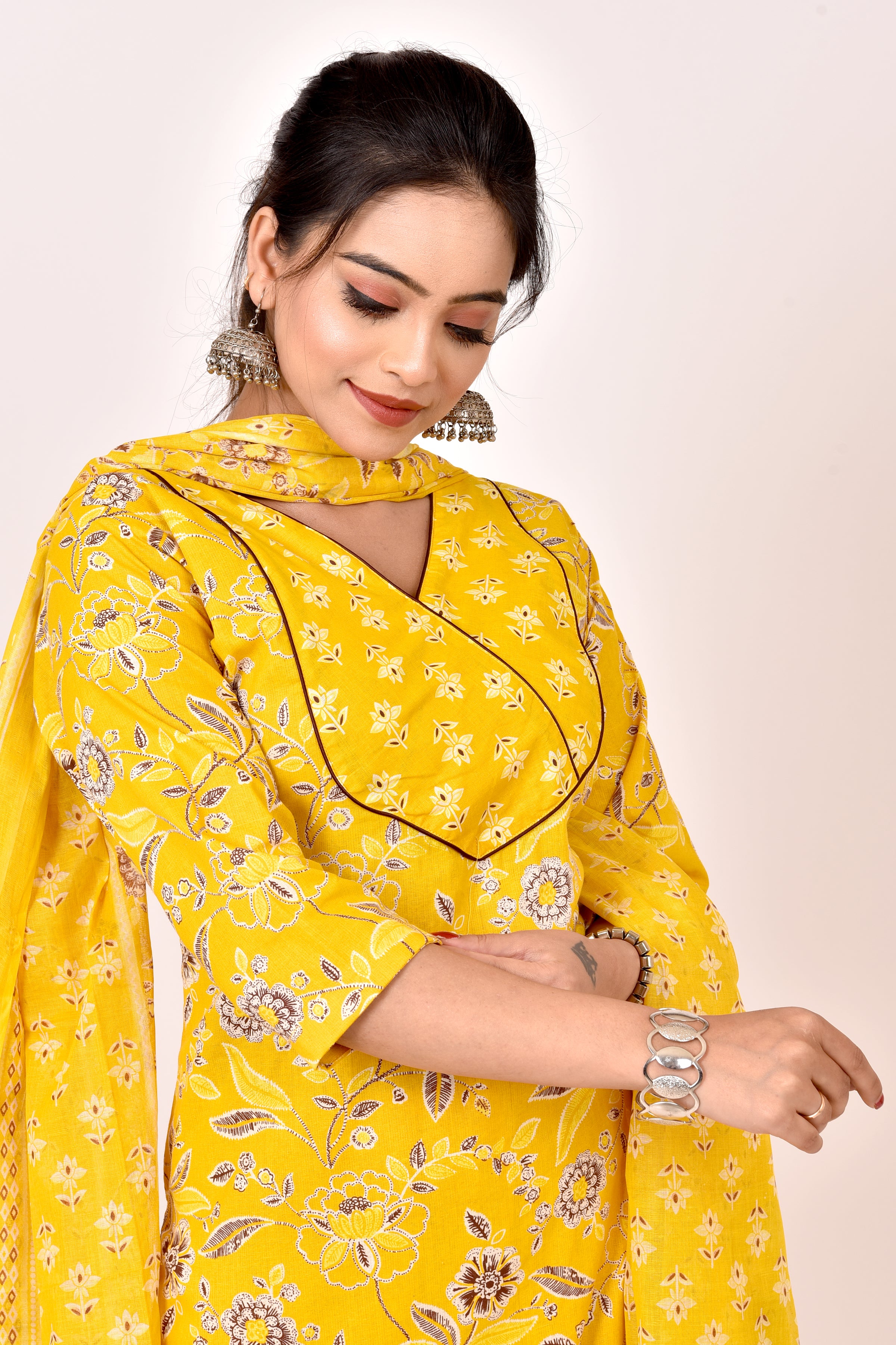 Yellow & Brown Floral Print Kurta With Pant & Dupatta