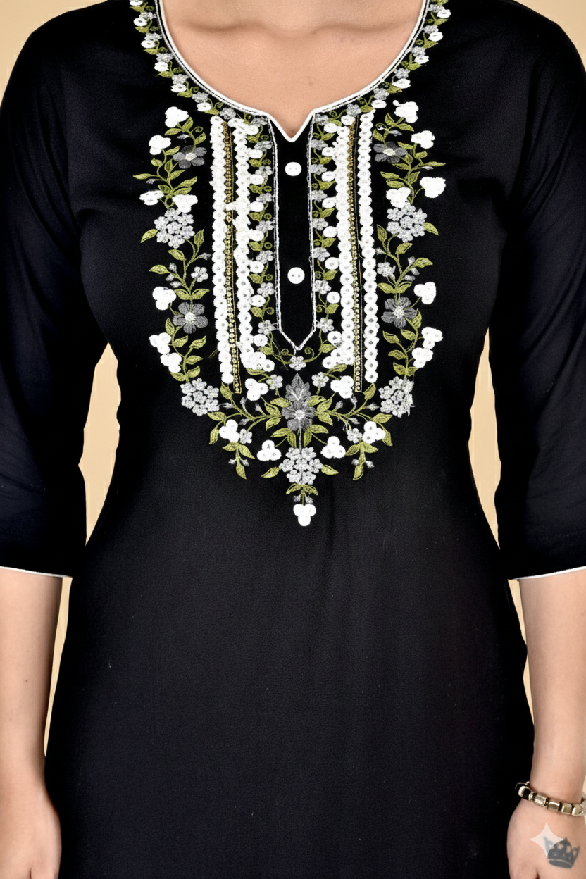 Jet Black Floral Embroidered Kurta With Palazzo