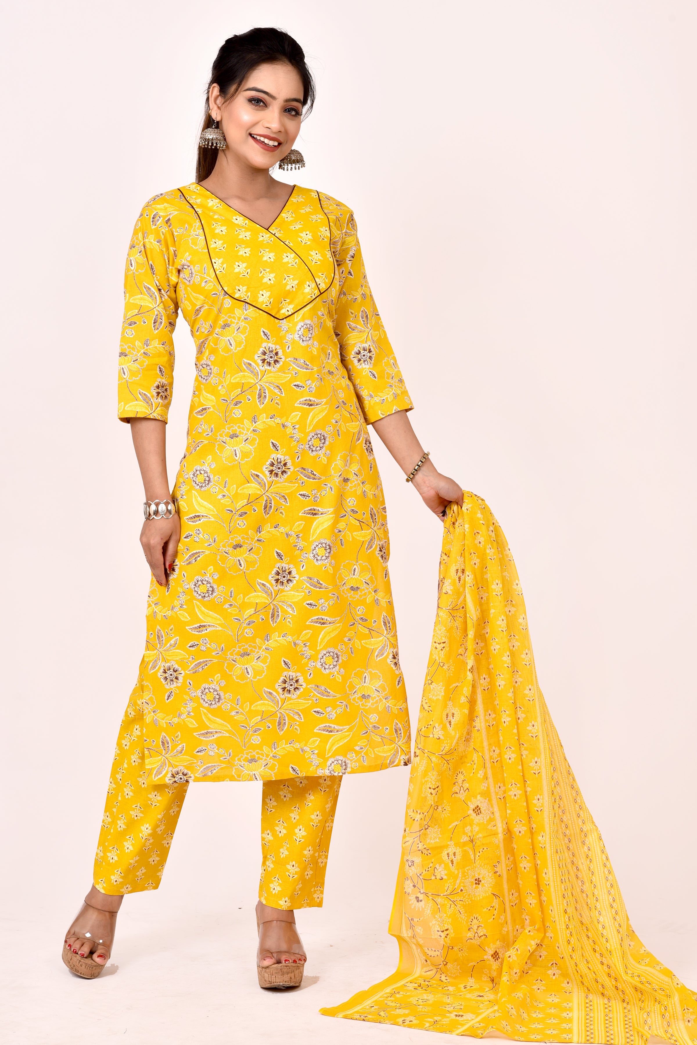 Yellow & Brown Floral Print Kurta With Pant & Dupatta