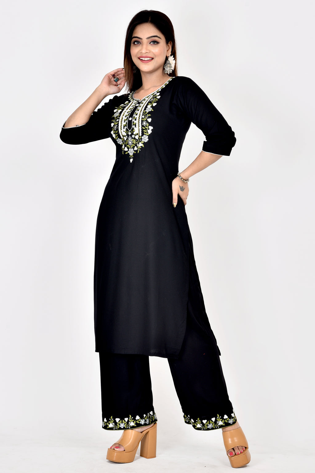 Jet Black Floral Embroidered Kurta With Palazzo