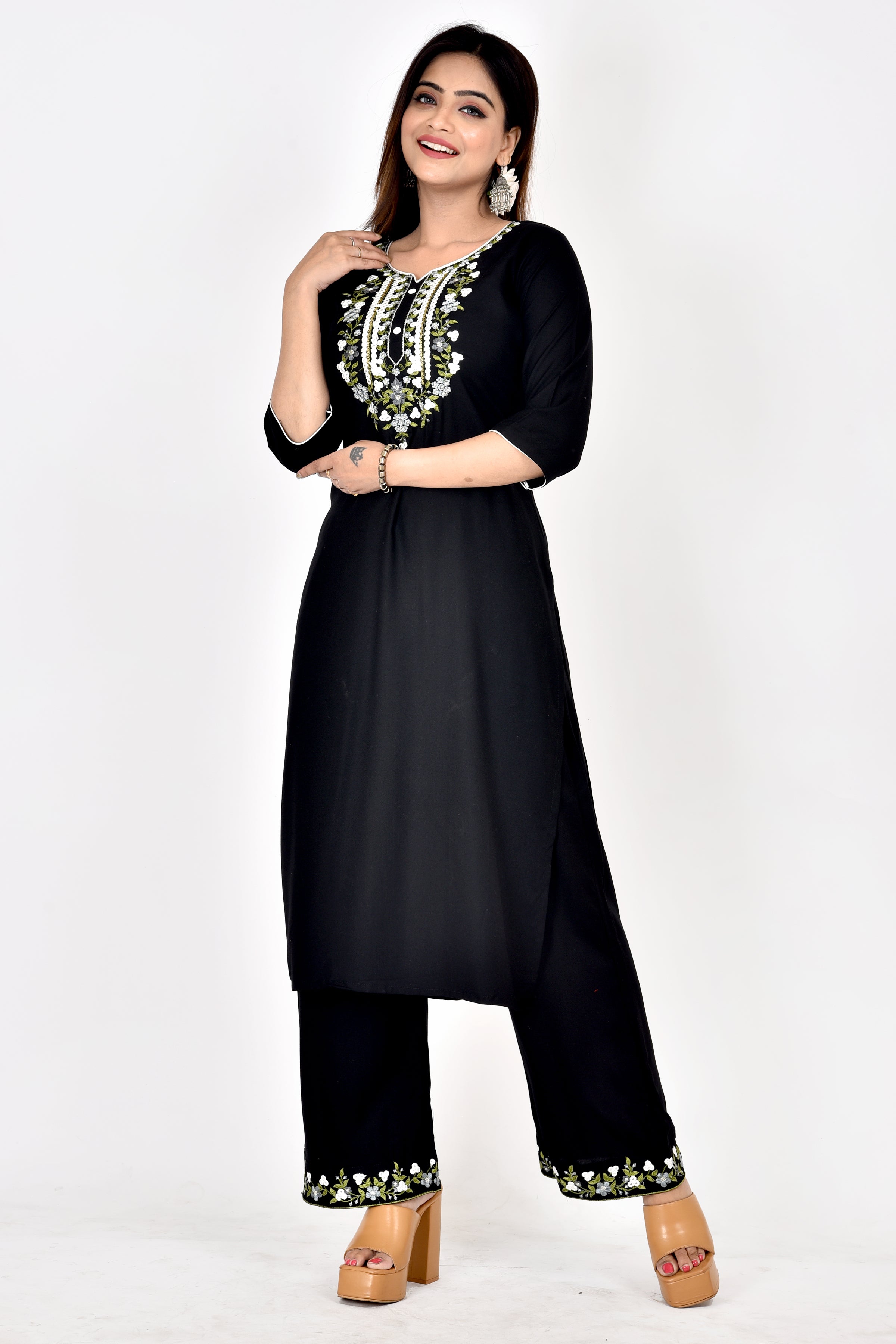 Jet Black Floral Embroidered Kurta With Palazzo