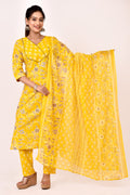 Yellow & Brown Floral Print Kurta With Pant & Dupatta