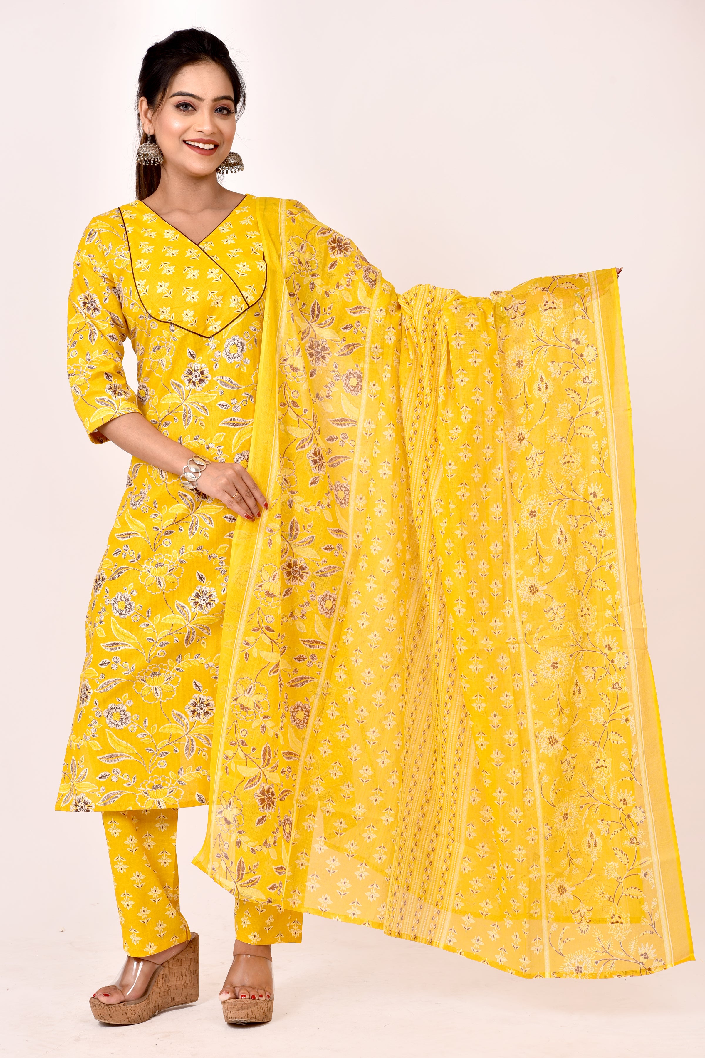 Yellow & Brown Floral Print Kurta With Pant & Dupatta