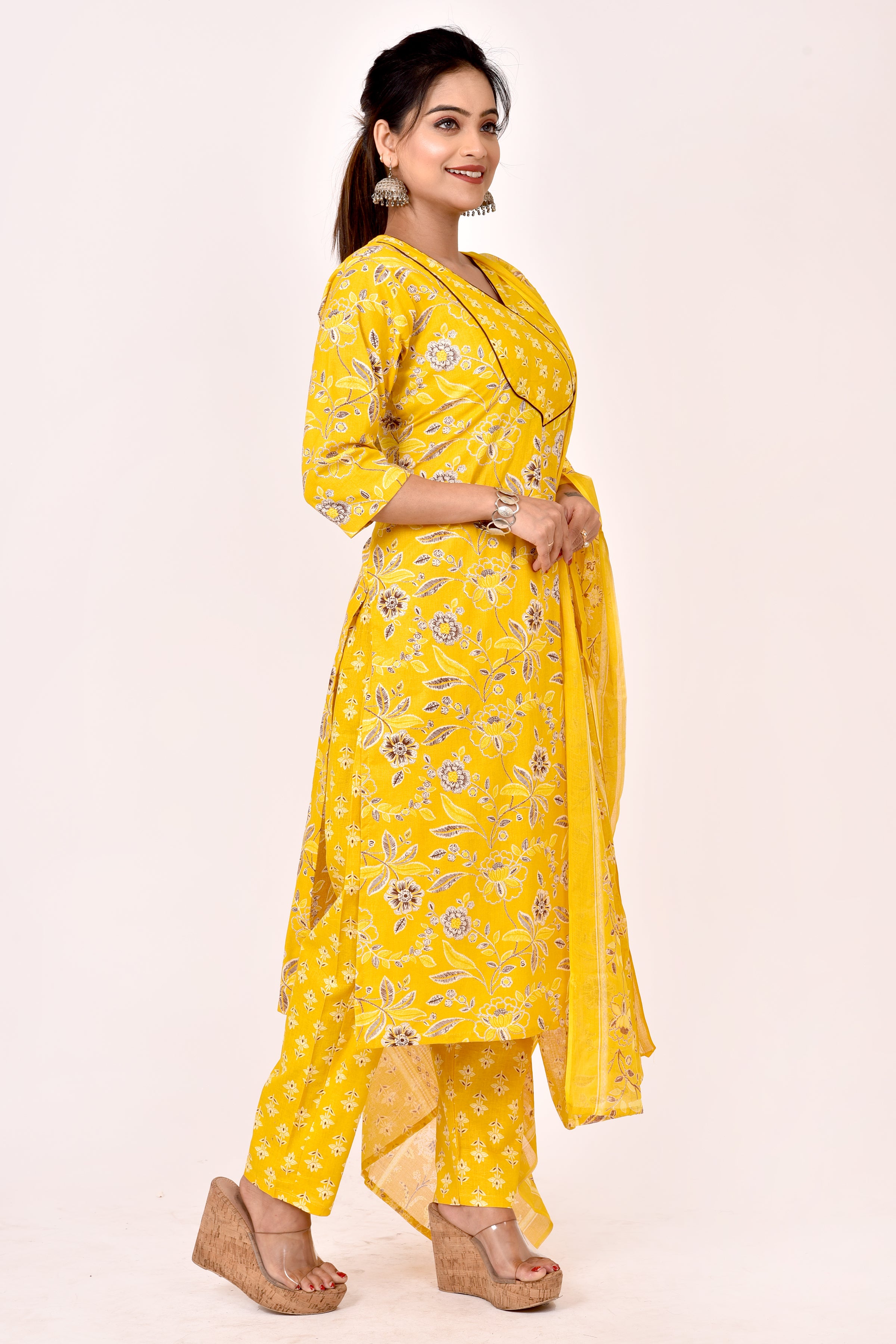 Yellow & Brown Floral Print Kurta With Pant & Dupatta