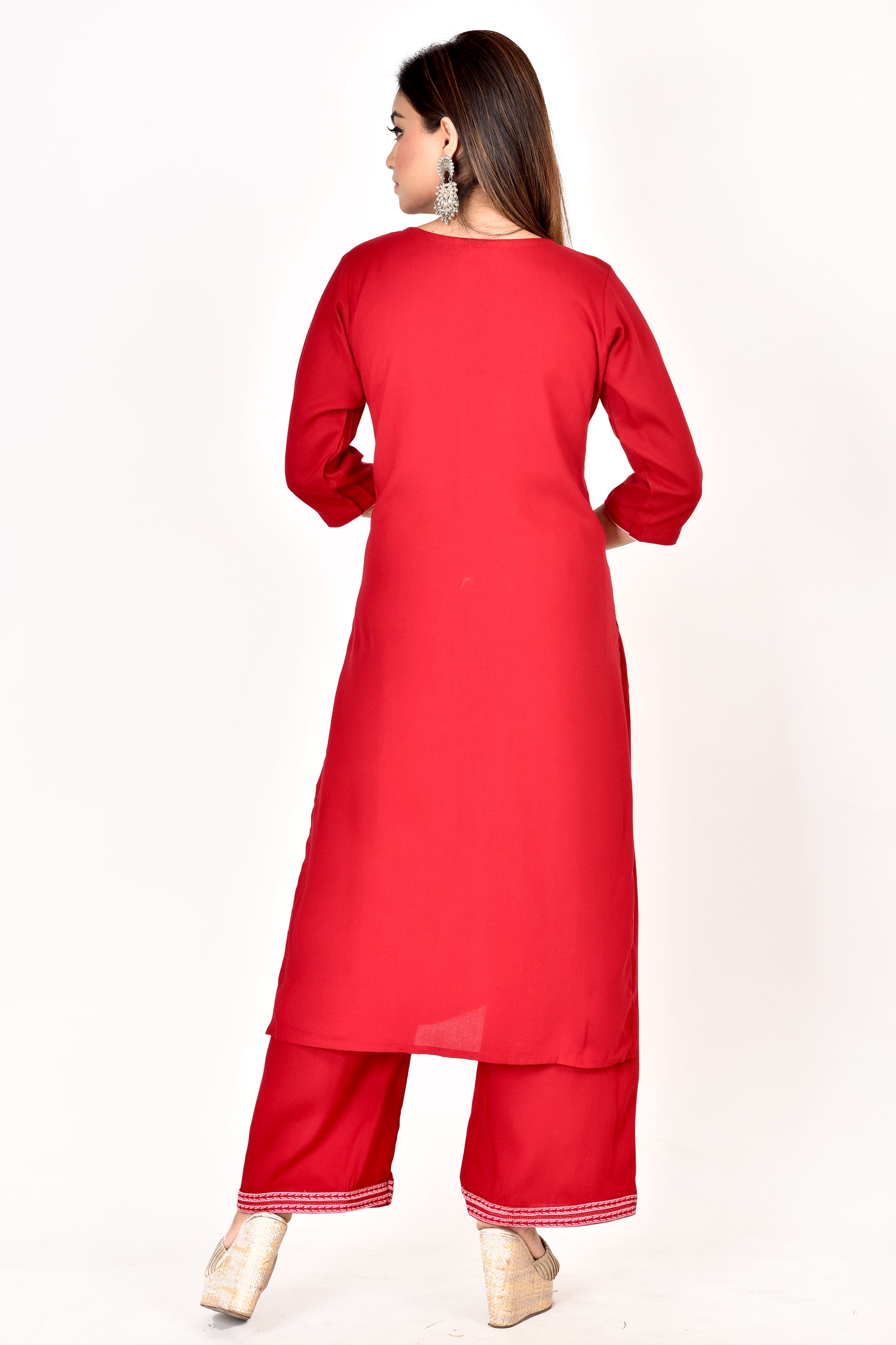Red Floral Embroidered Kurta With Palazzo