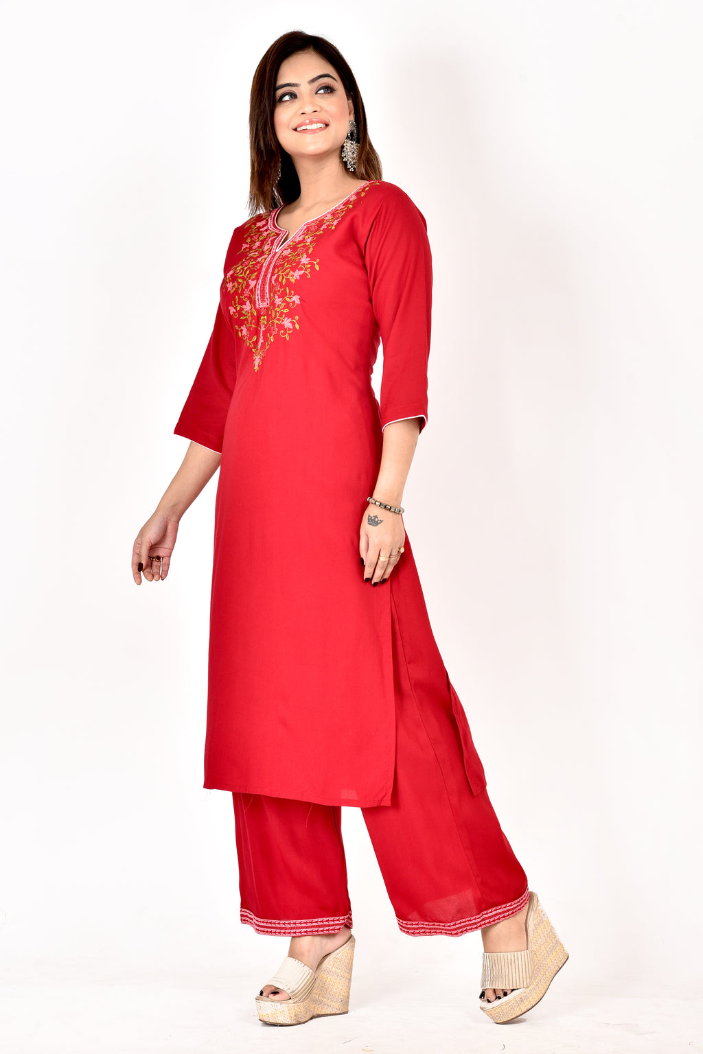 Red Floral Embroidered Kurta With Palazzo