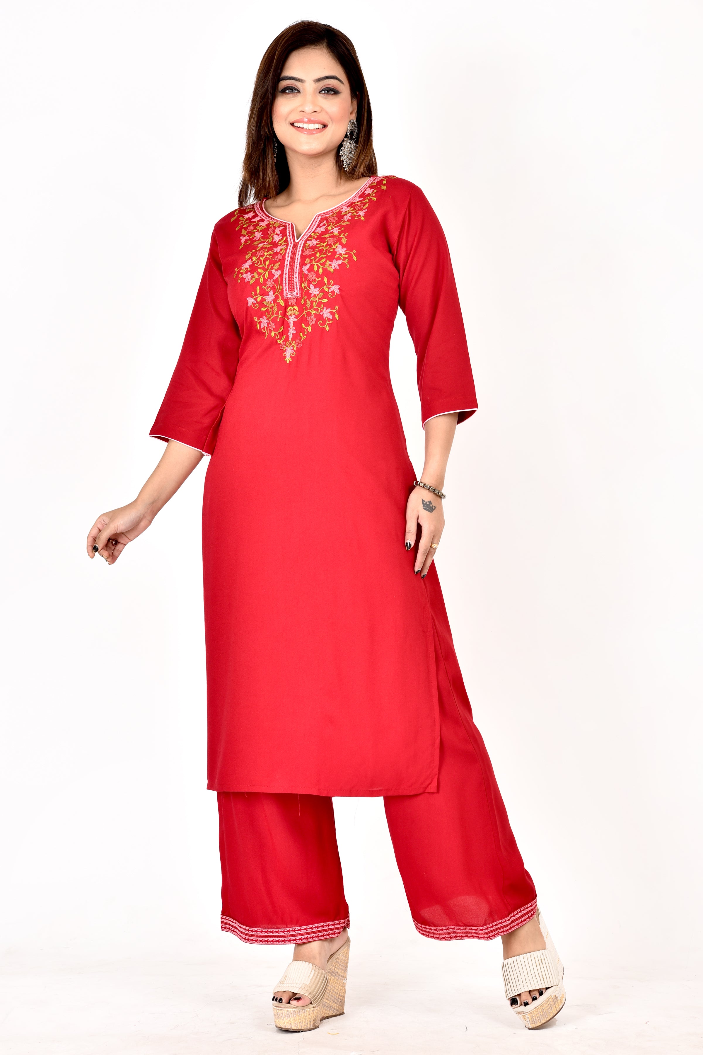 Red Floral Embroidered Kurta With Palazzo