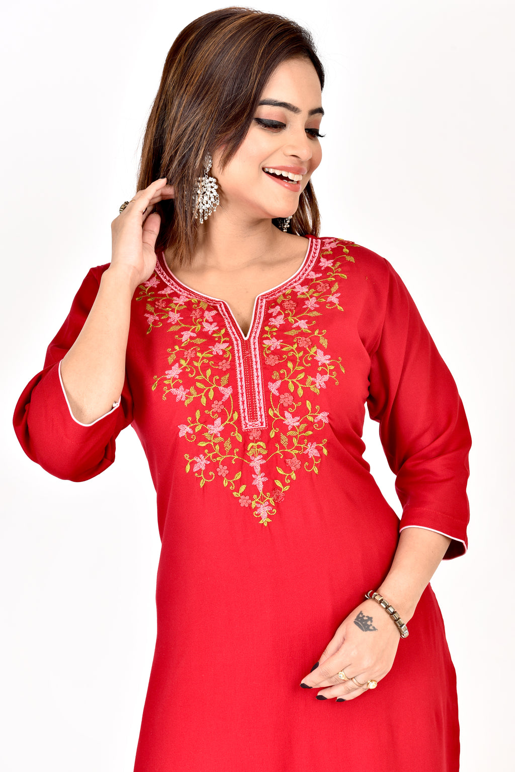 Red Floral Embroidered Kurta With Palazzo