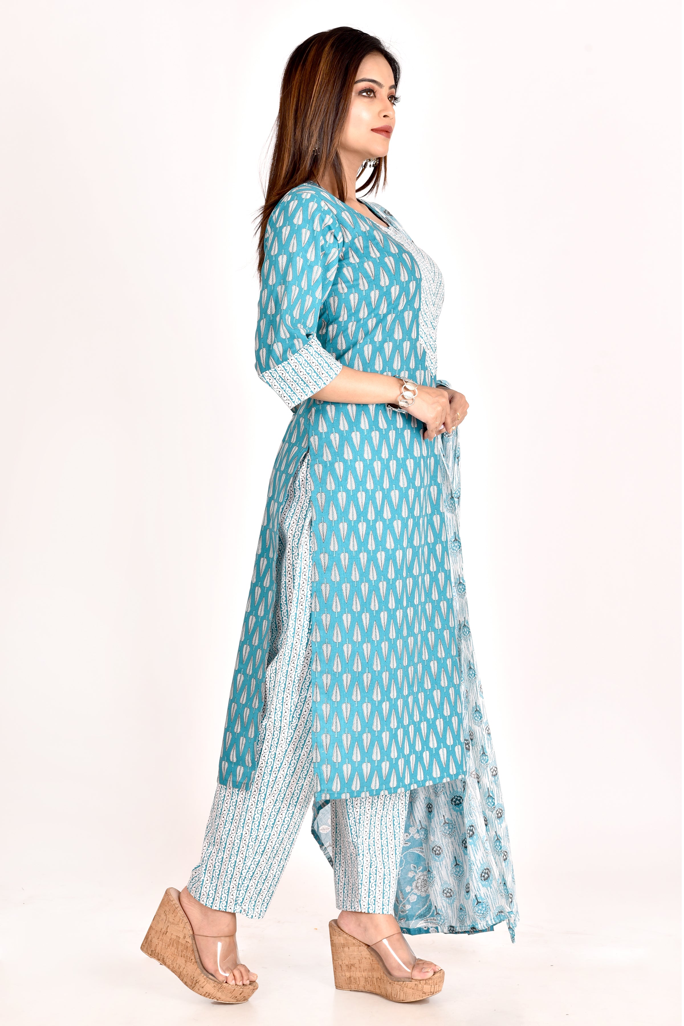 Dark Aqua Blue Leaf Print Kurta With Pant & Dupatta