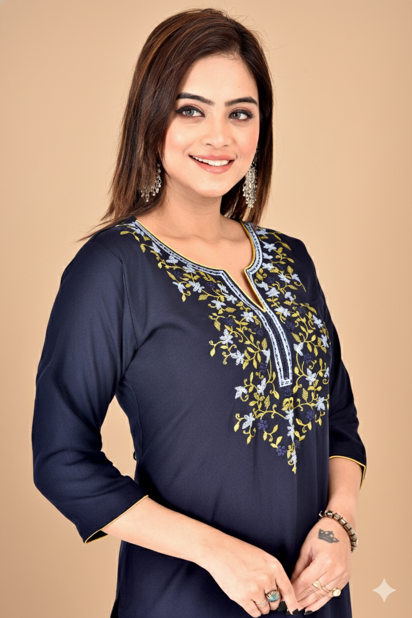 Navy Blue Floral Embroidered Kurta With Palazzo