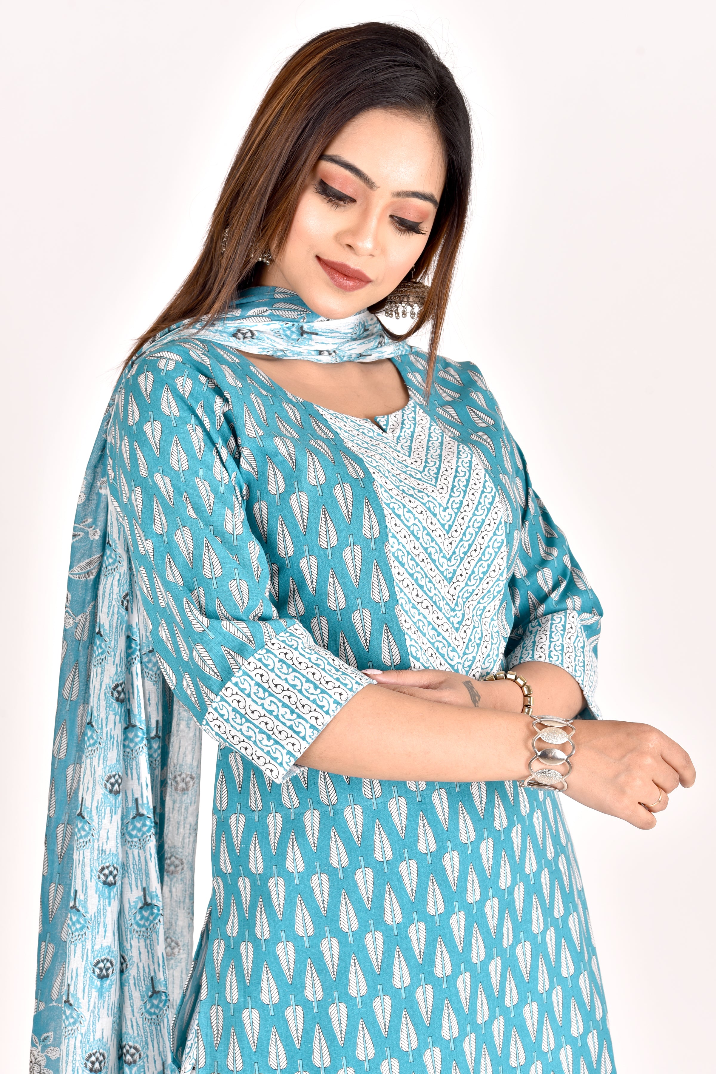 Dark Aqua Blue Leaf Print Kurta With Pant & Dupatta