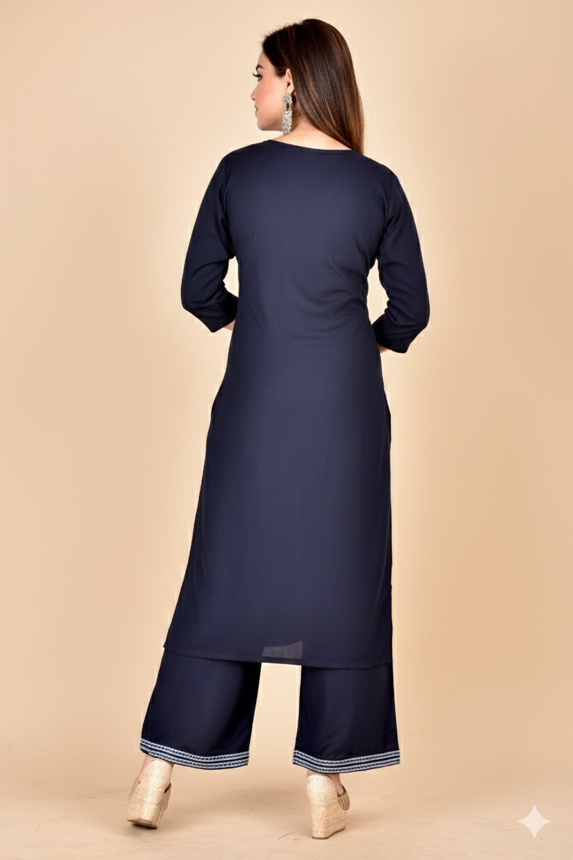 Navy Blue Floral Embroidered Kurta With Palazzo