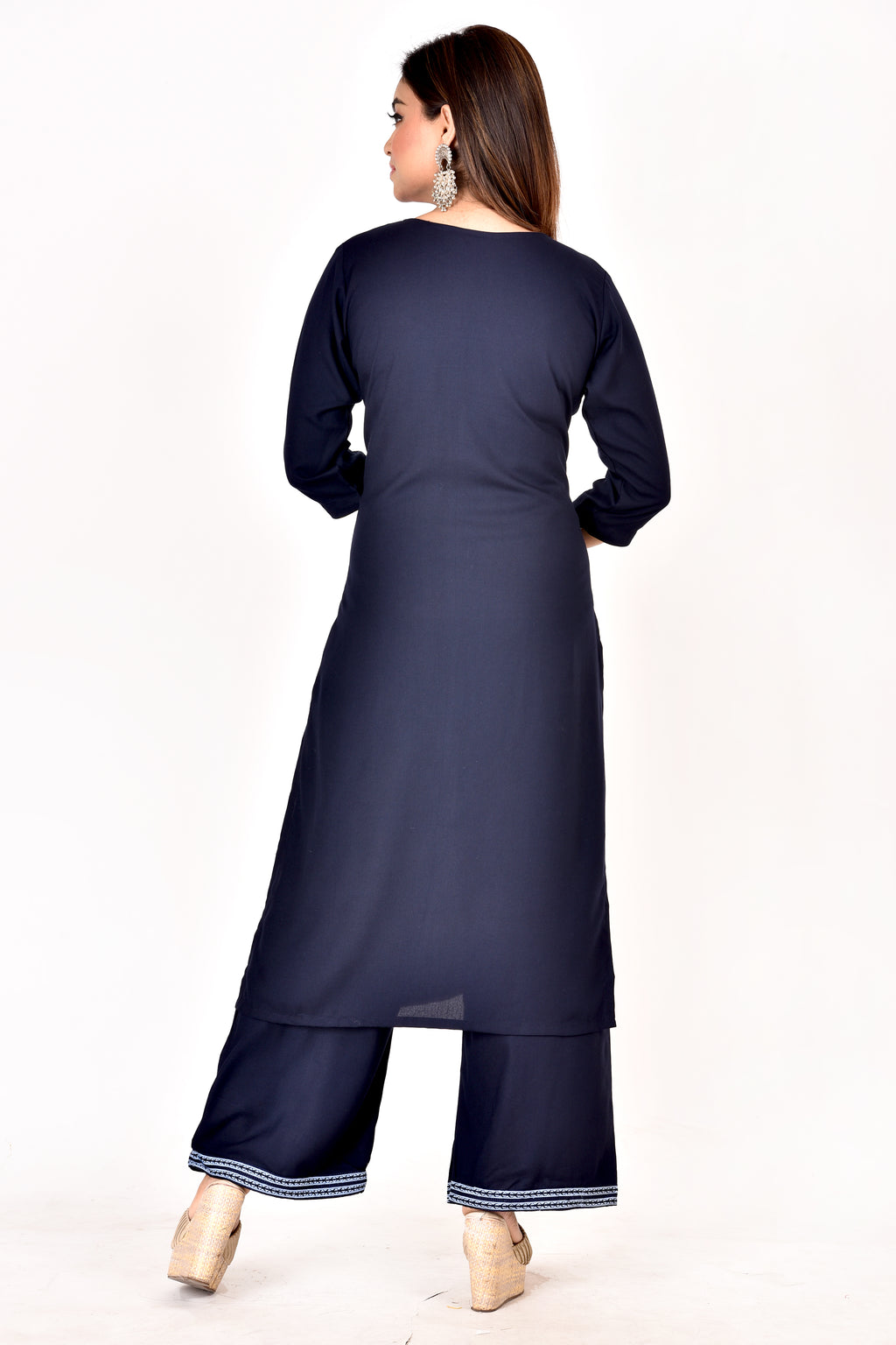 Navy Blue Floral Embroidered Kurta With Palazzo