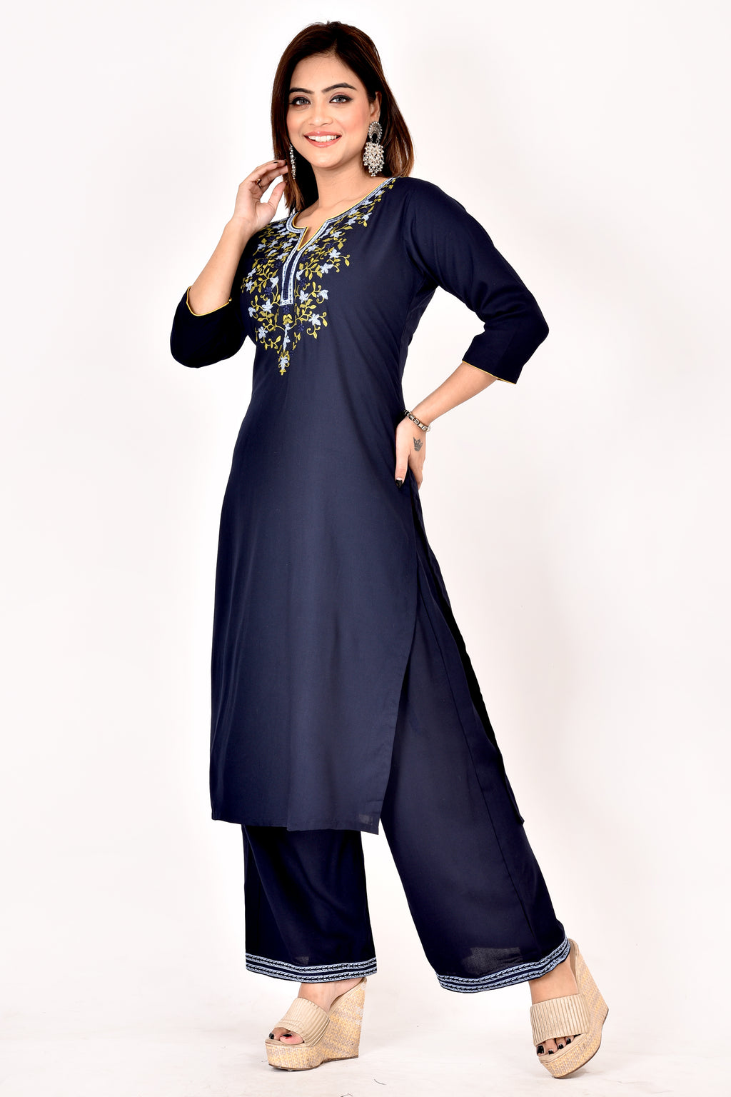 Navy Blue Floral Embroidered Kurta With Palazzo