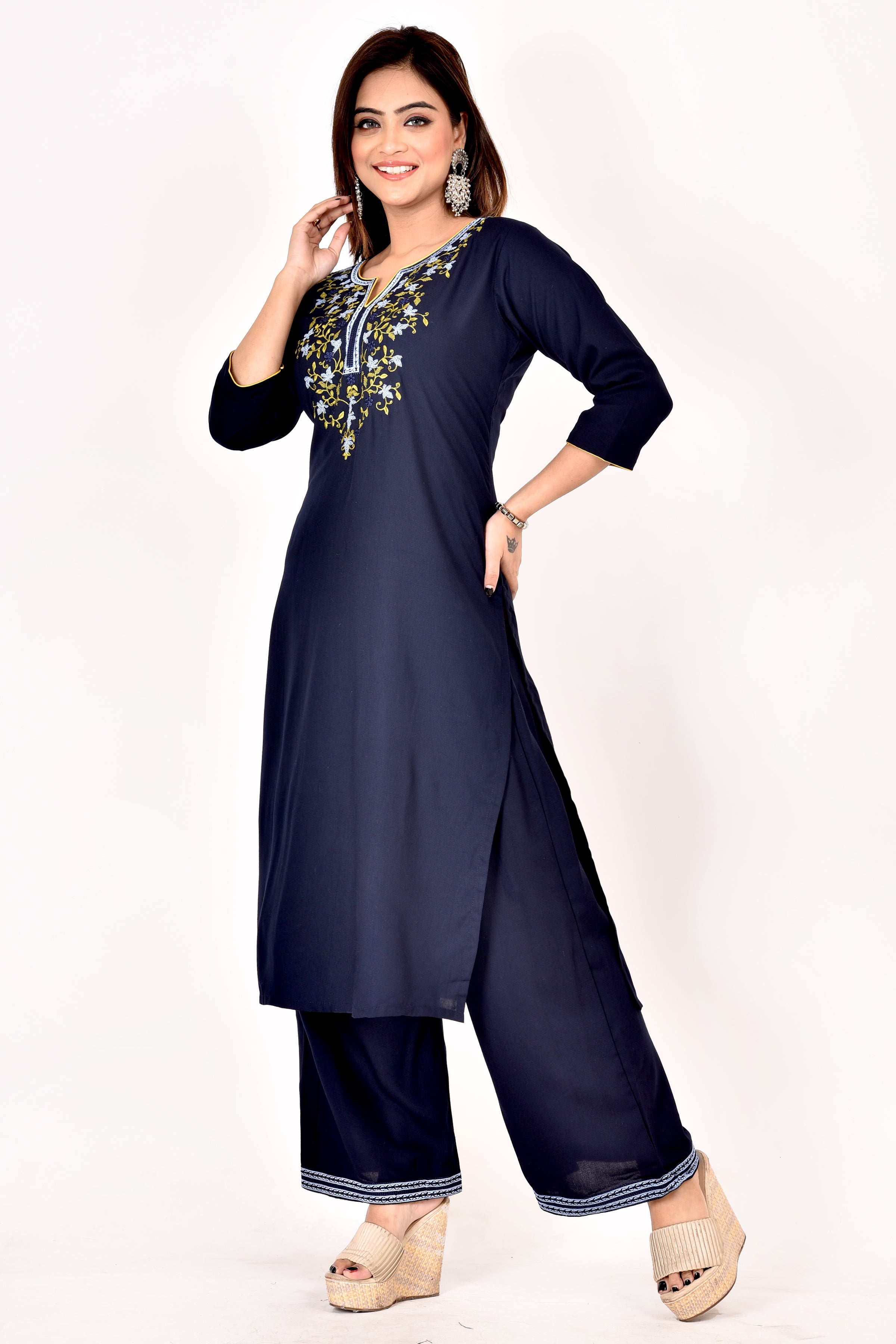 Navy Blue Floral Embroidered Kurta With Palazzo