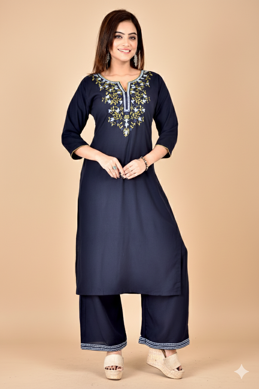 Navy Blue Floral Embroidered Kurta With Palazzo