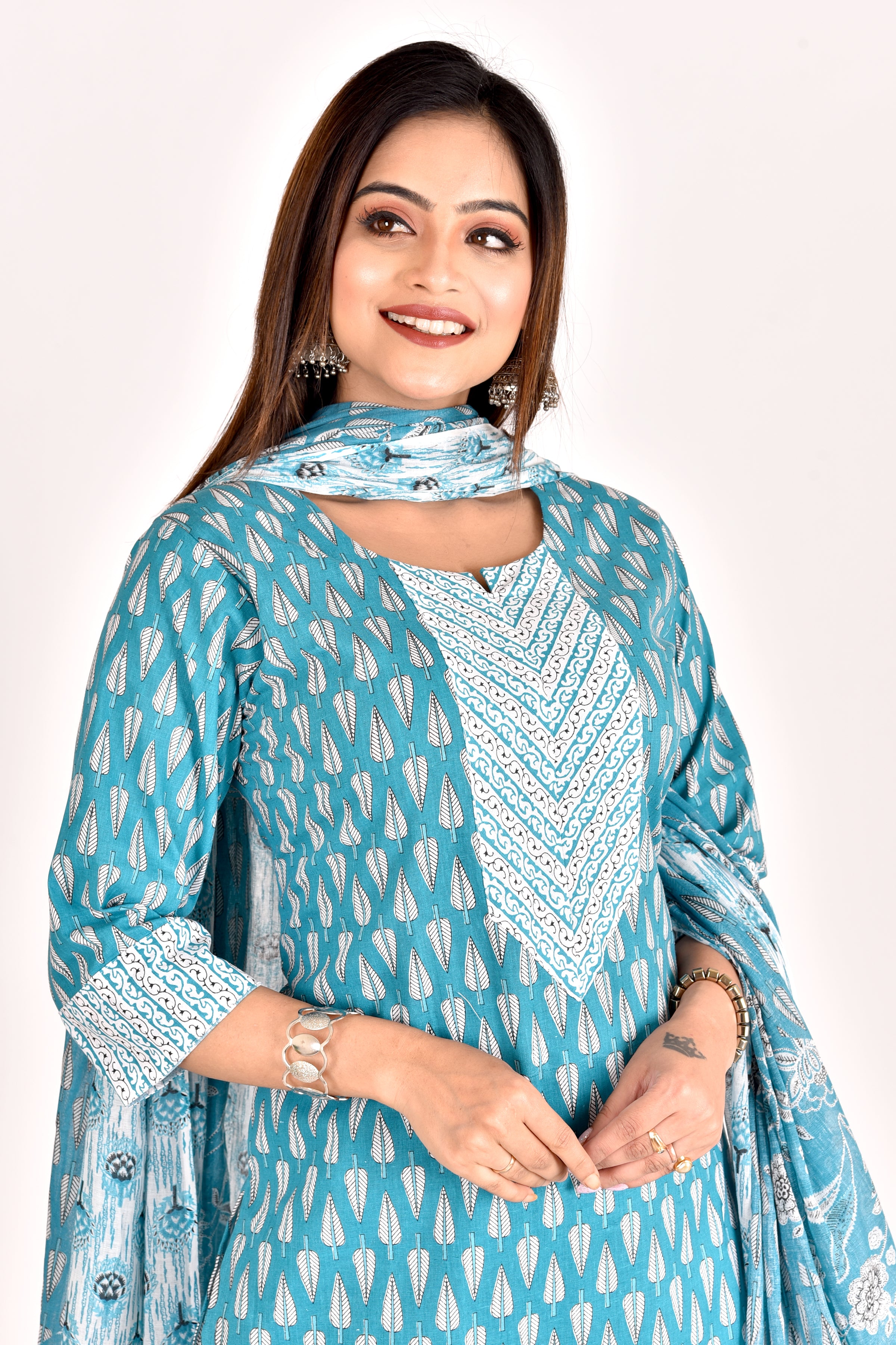 Dark Aqua Blue Leaf Print Kurta With Pant & Dupatta