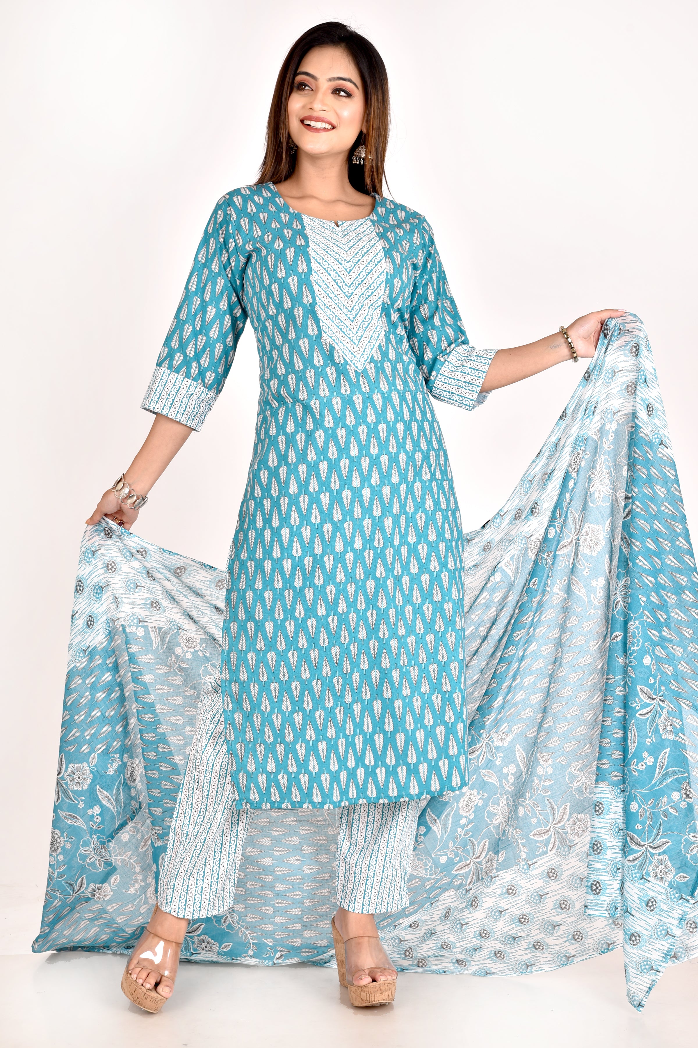Dark Aqua Blue Leaf Print Kurta With Pant & Dupatta