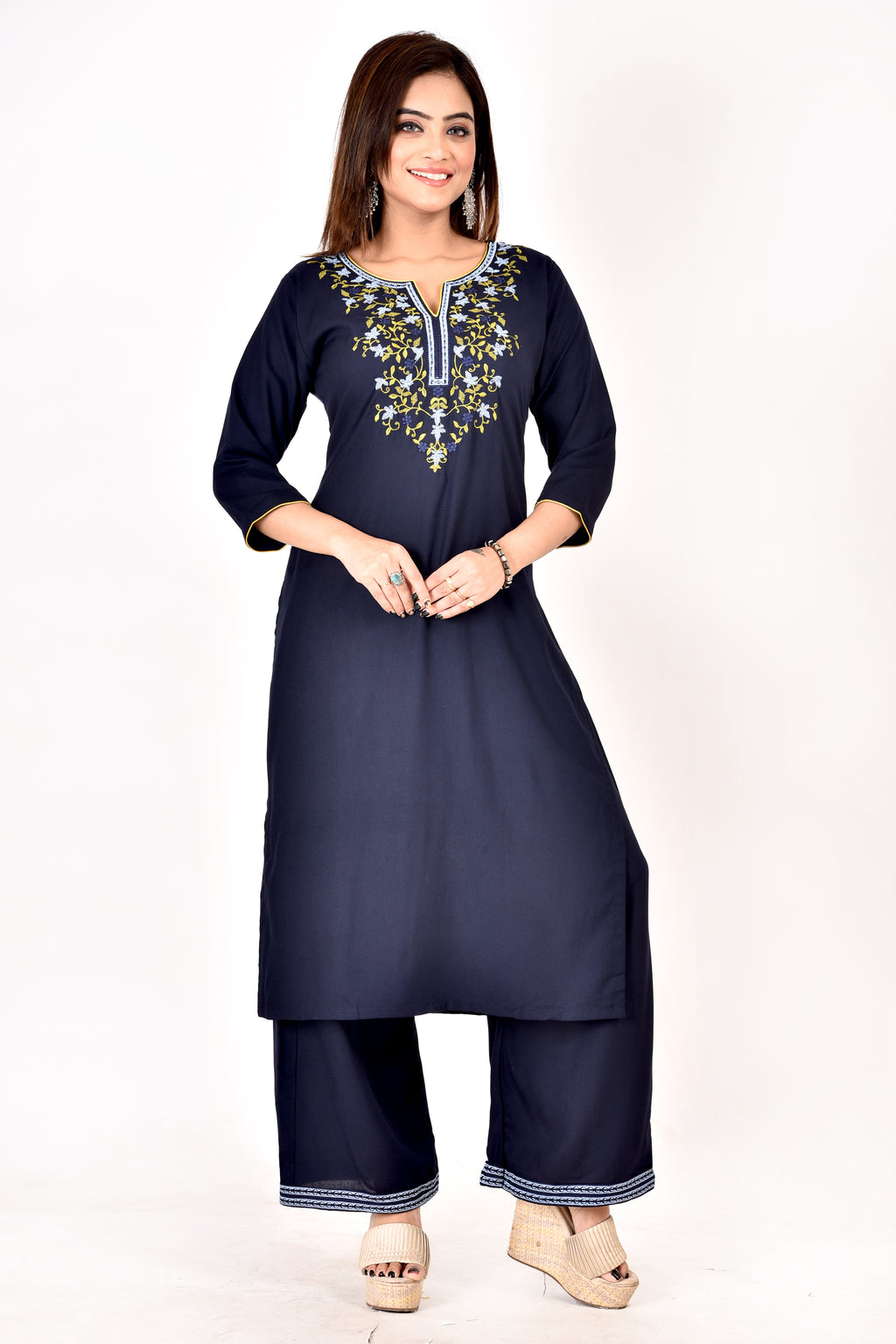 Navy Blue Floral Embroidered Kurta With Palazzo