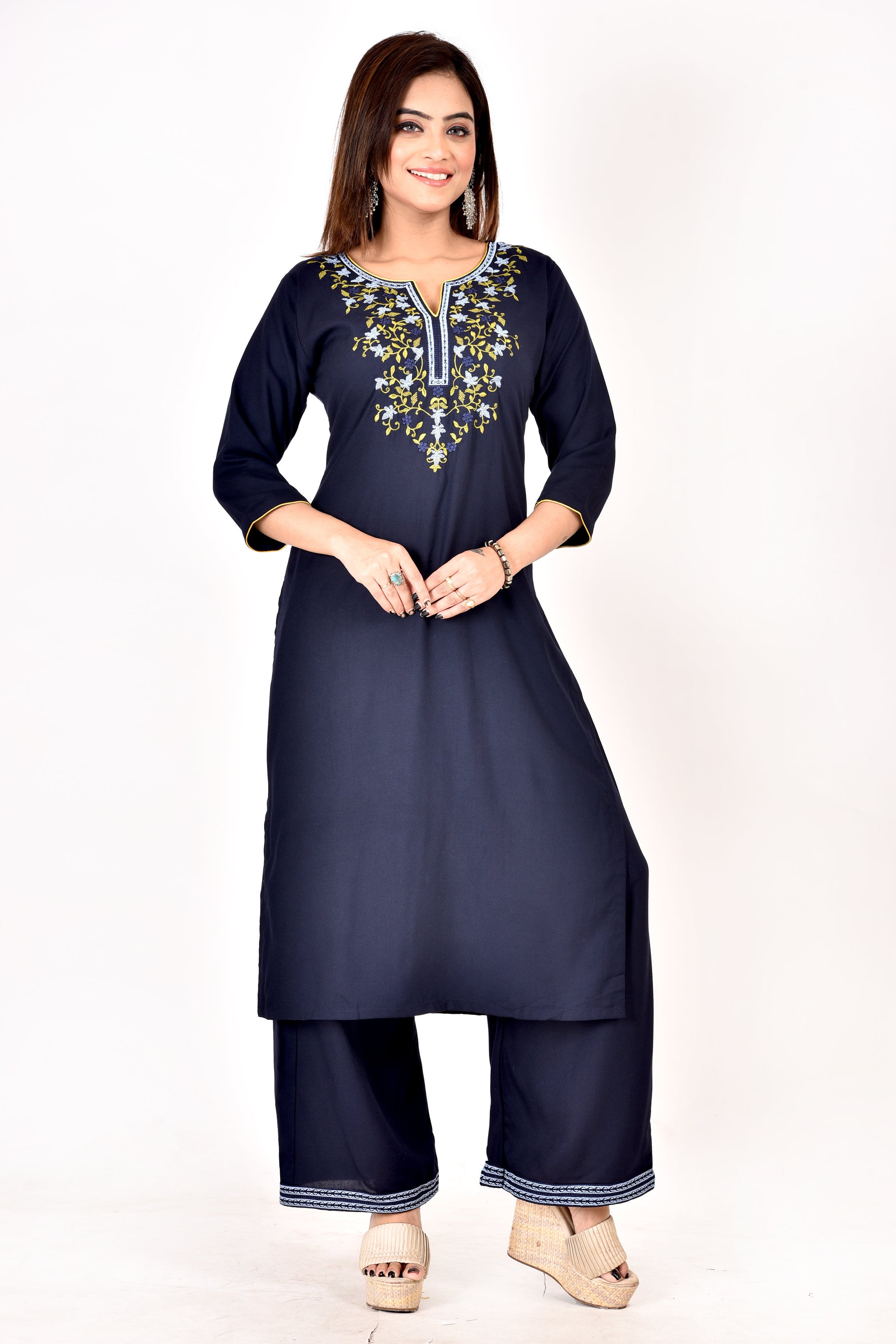 Navy Blue Floral Embroidered Kurta With Palazzo