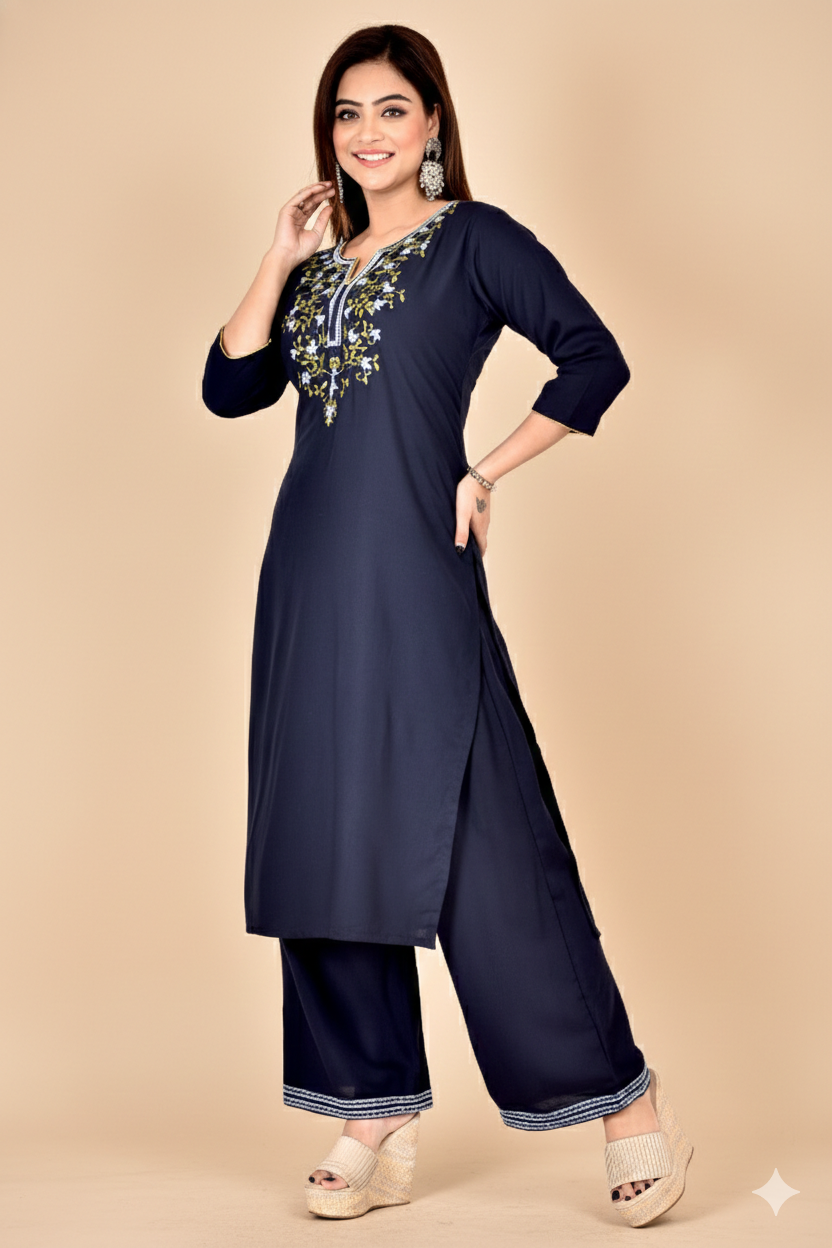 Navy Blue Floral Embroidered Kurta With Palazzo