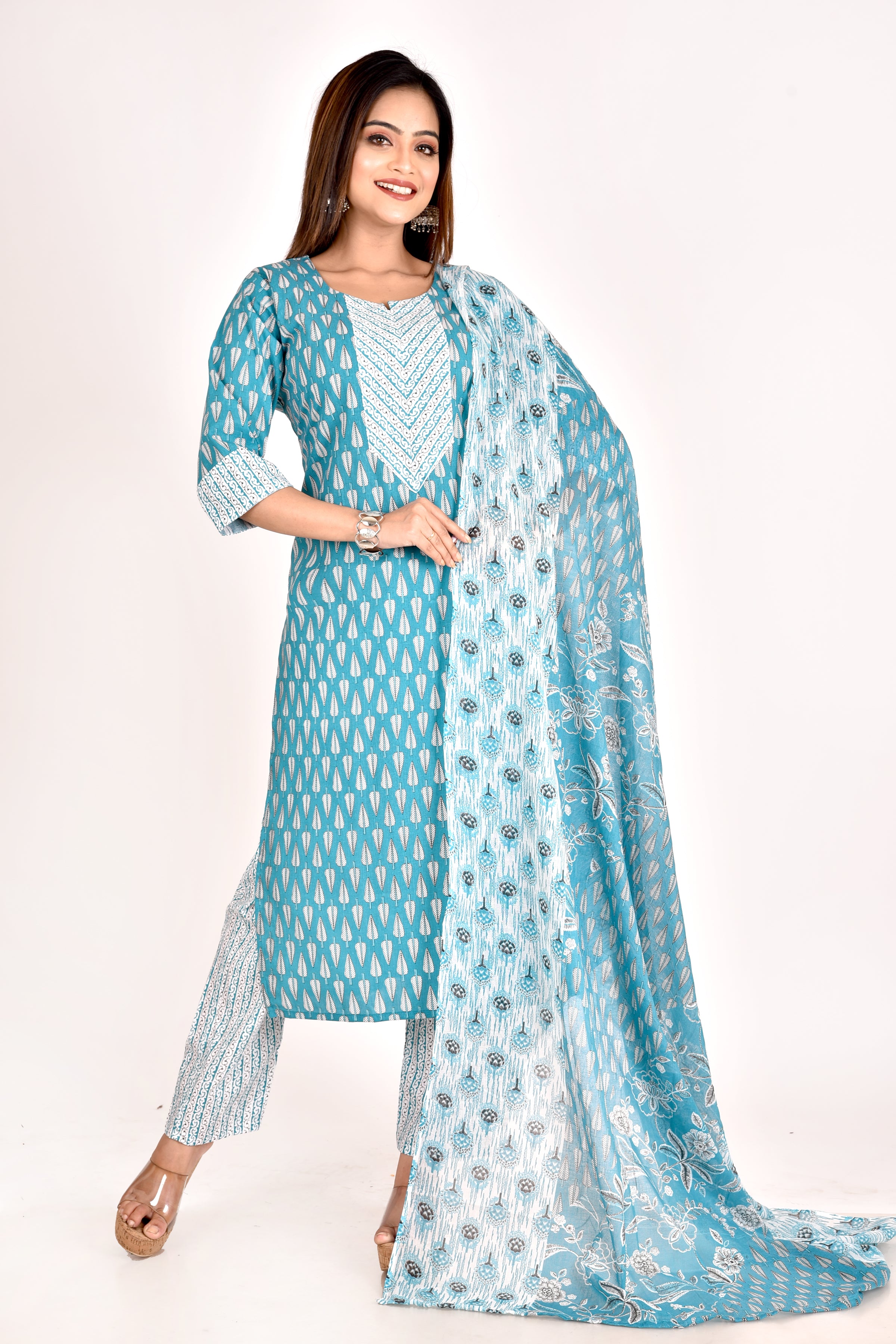 Dark Aqua Blue Leaf Print Kurta With Pant & Dupatta