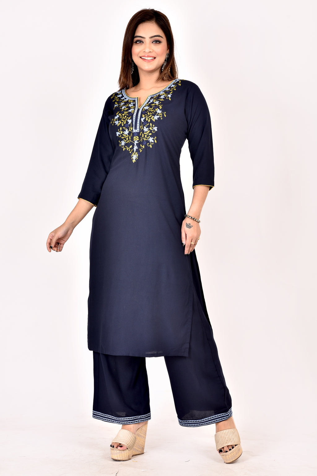Navy Blue Floral Embroidered Kurta With Palazzo