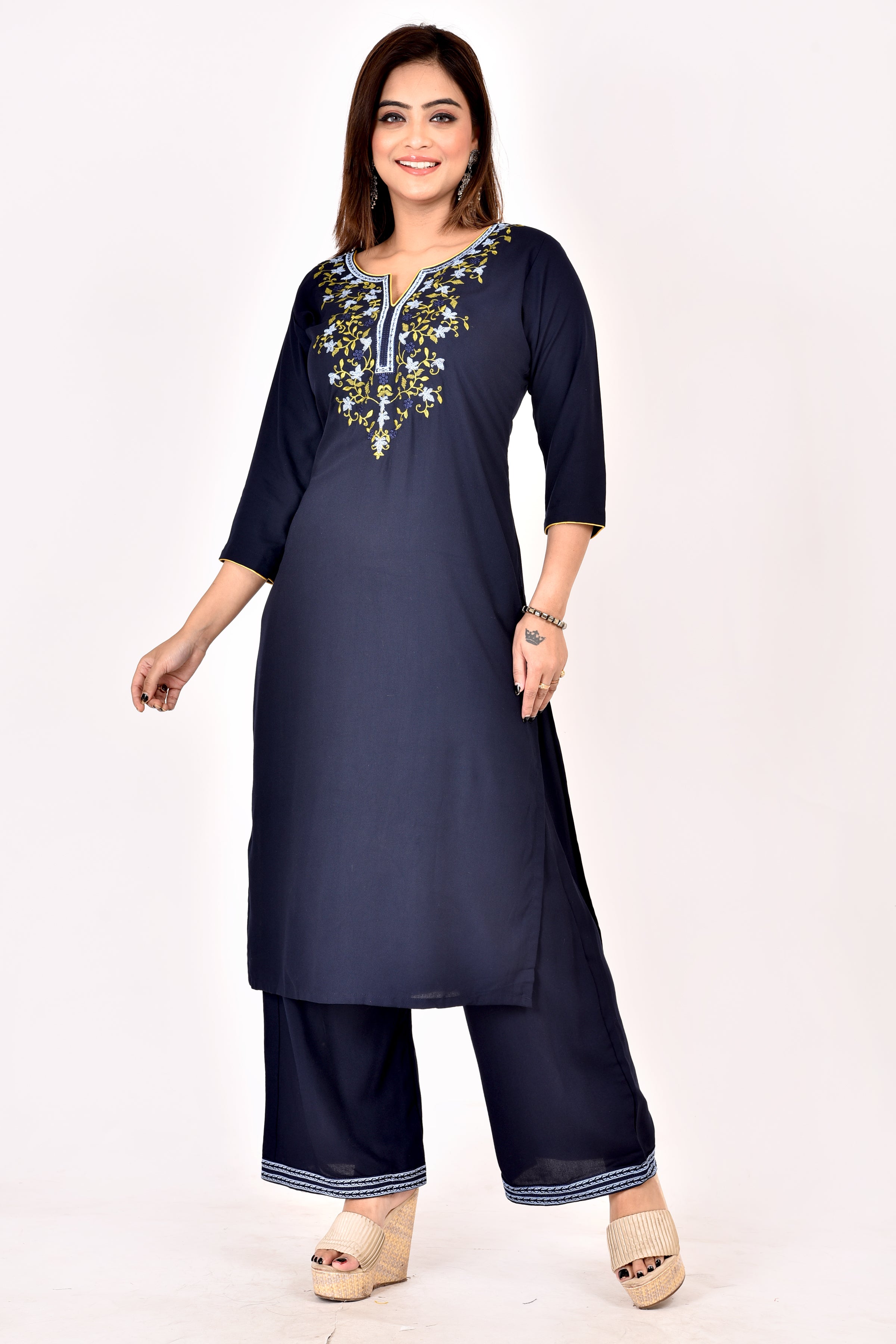 Navy Blue Floral Embroidered Kurta With Palazzo