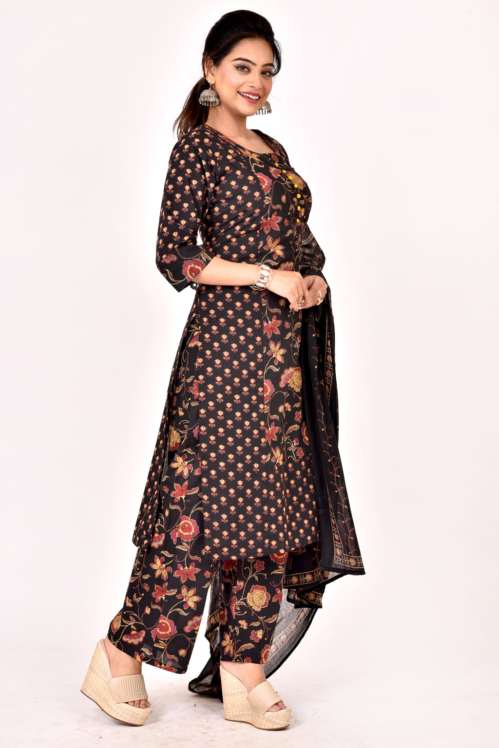 Black Mix-Match Floral Print Kurta With Pant & Dupatta