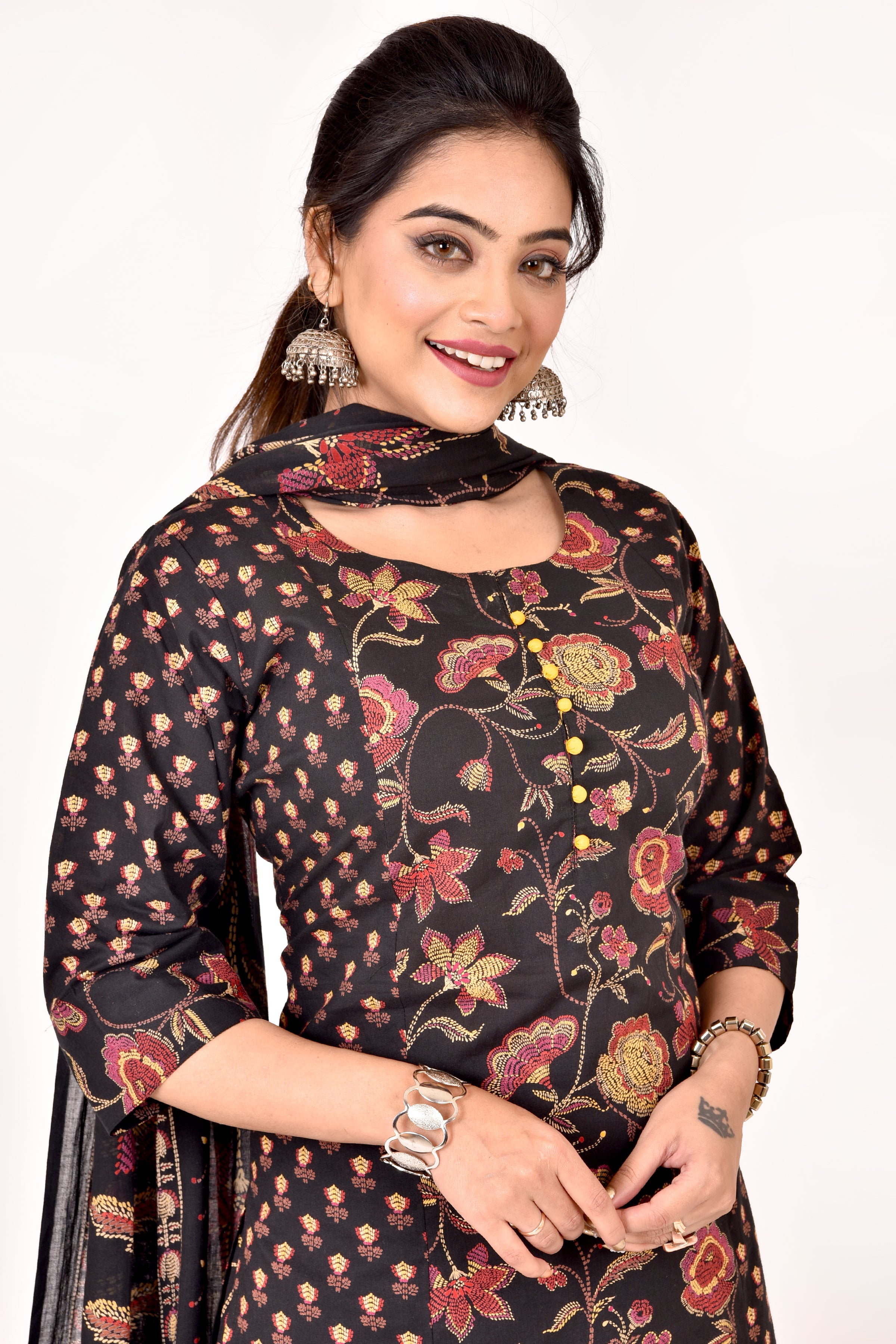 Black Mix-Match Floral Print Kurta With Pant & Dupatta