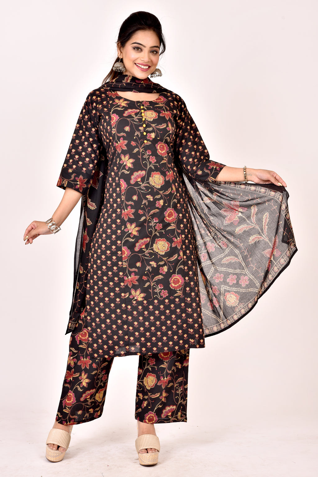 Black Mix-Match Floral Print Kurta With Pant & Dupatta