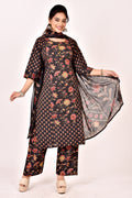 Black Mix-Match Floral Print Kurta With Pant & Dupatta