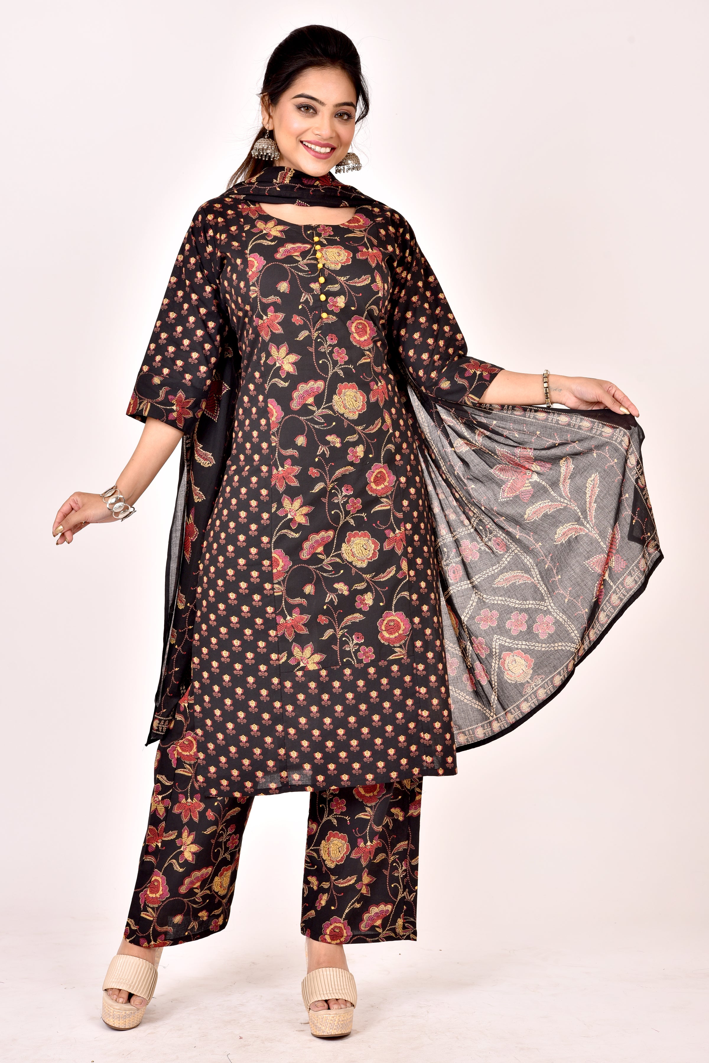 Black Mix-Match Floral Print Kurta With Pant & Dupatta