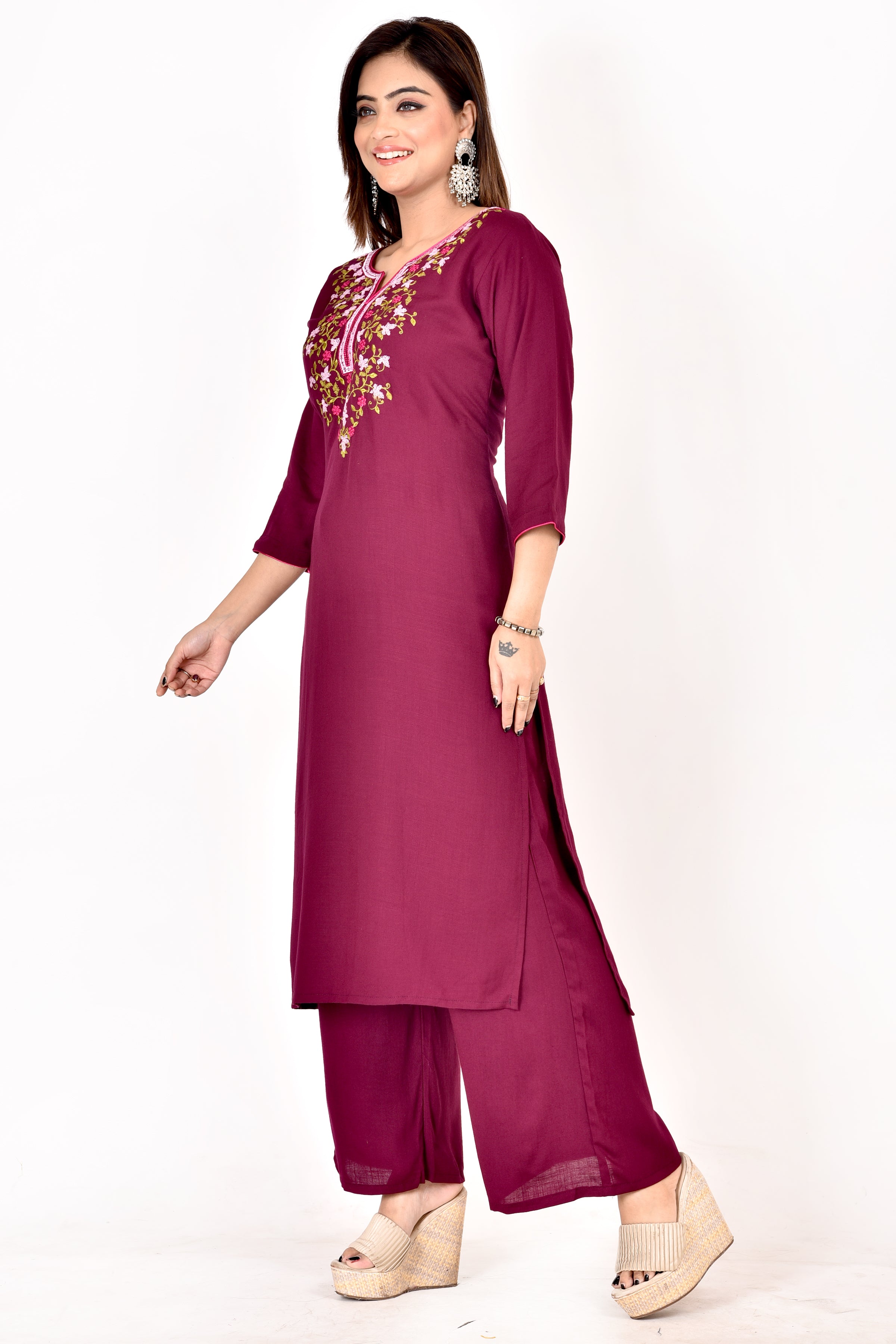 Purple Floral Embroidered Kurta With Palazzo