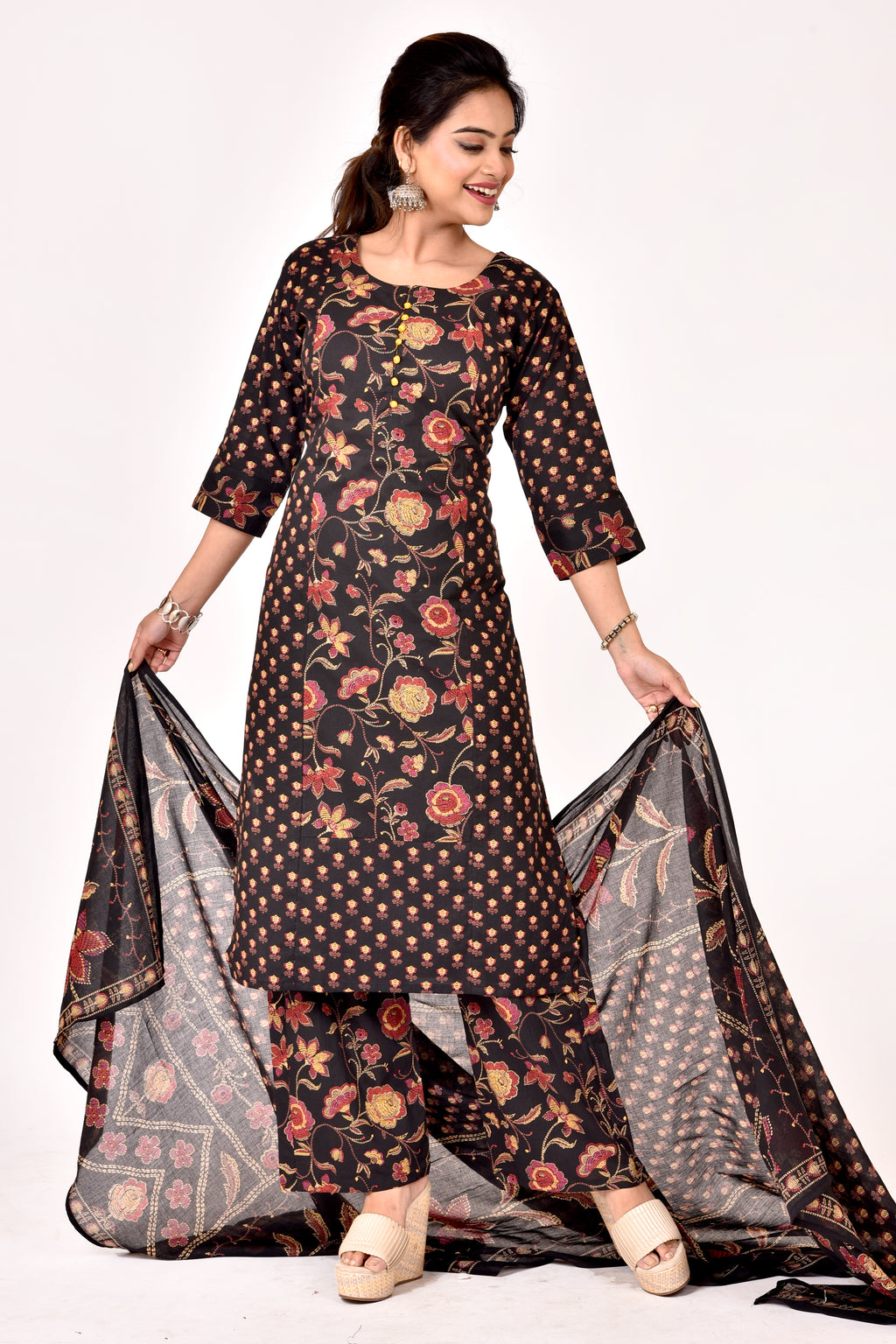 Black Mix-Match Floral Print Kurta With Pant & Dupatta