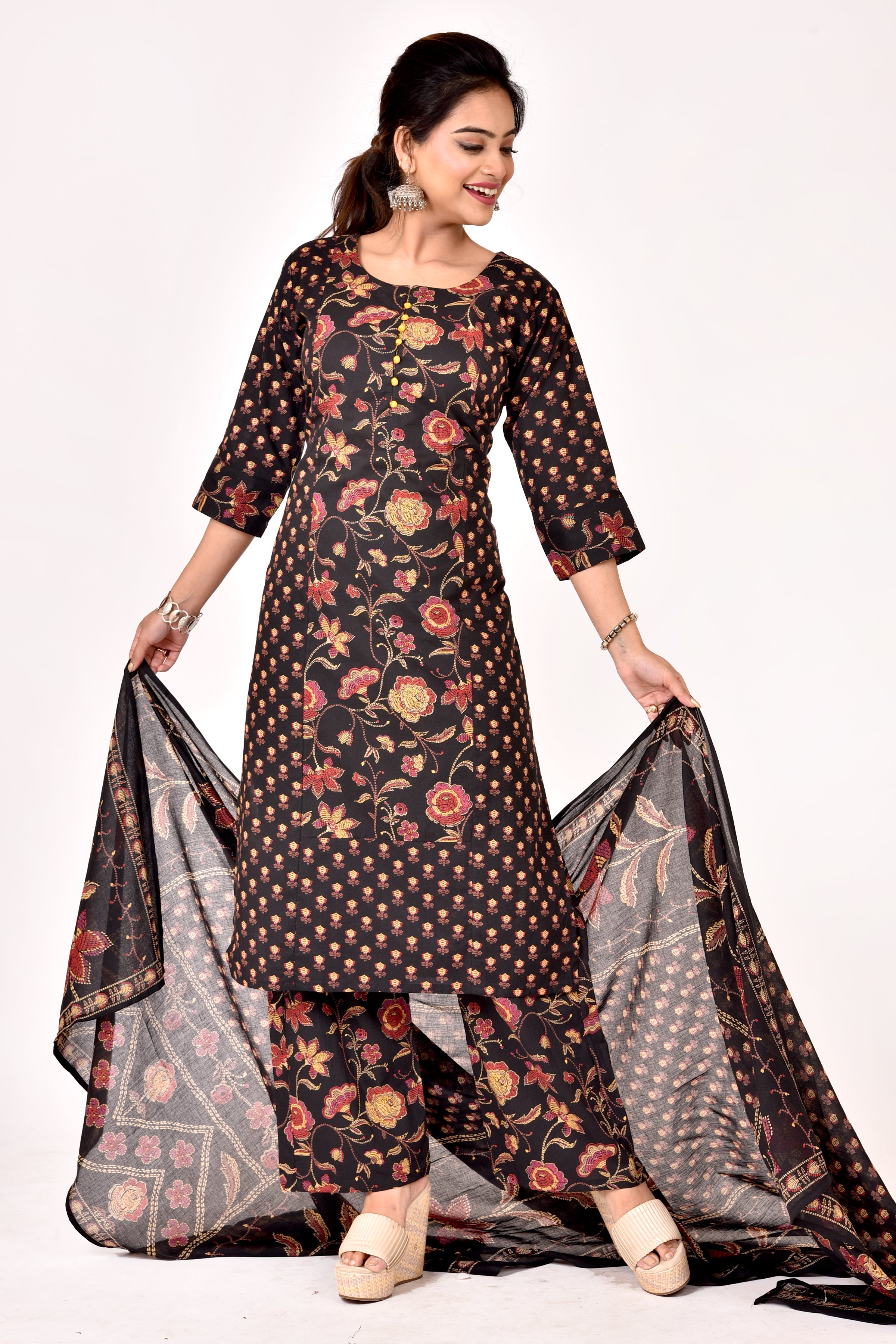 Black Mix-Match Floral Print Kurta With Pant & Dupatta