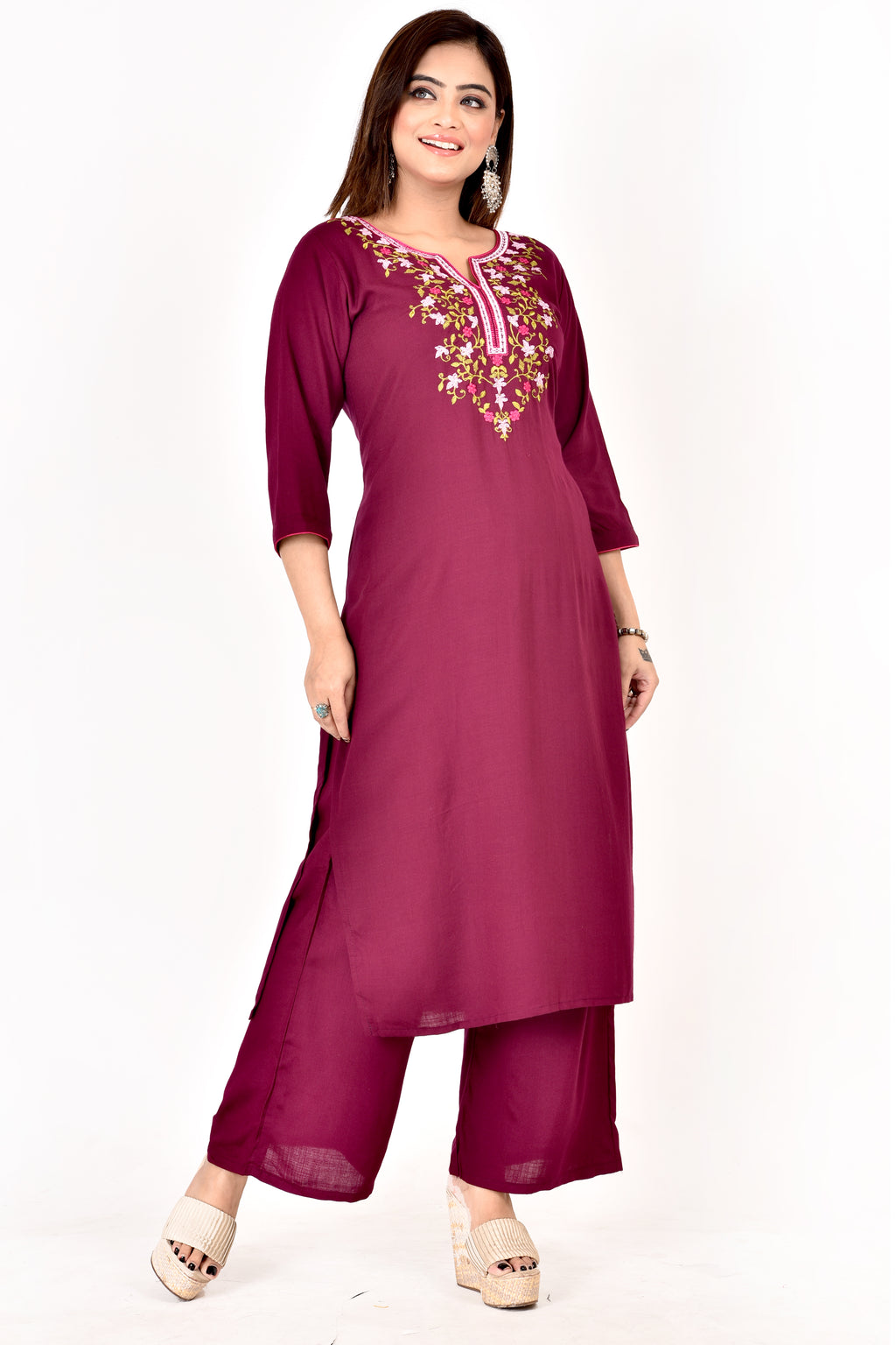 Purple Floral Embroidered Kurta With Palazzo