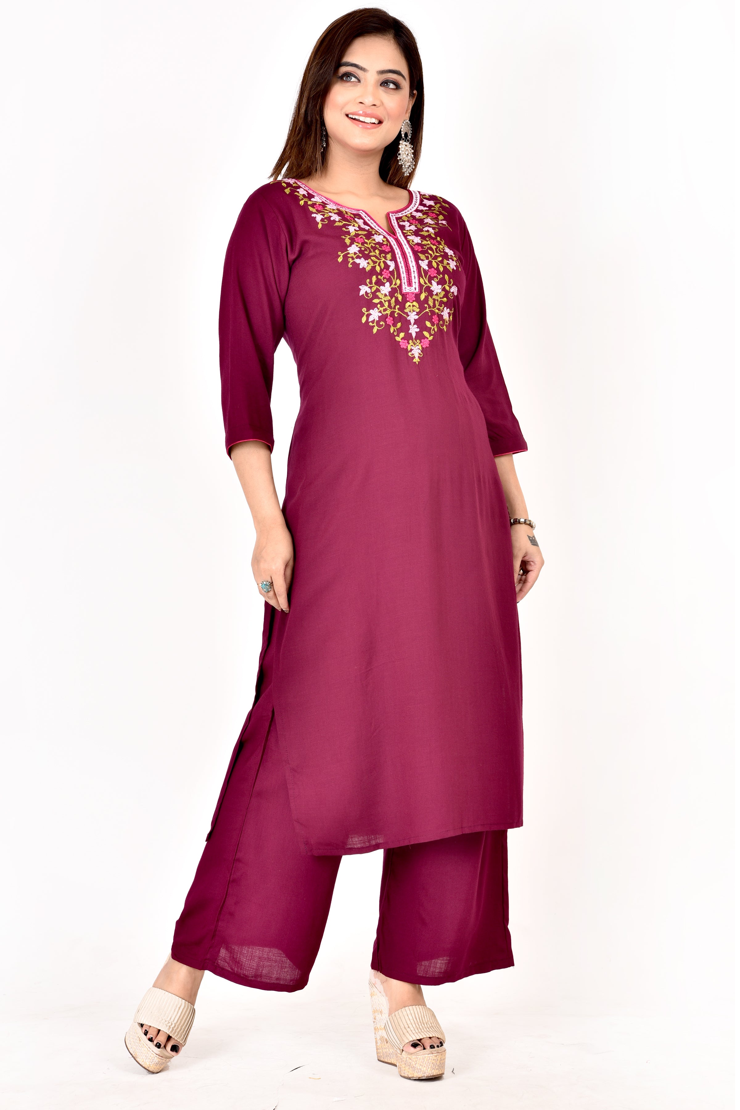 Purple Floral Embroidered Kurta With Palazzo